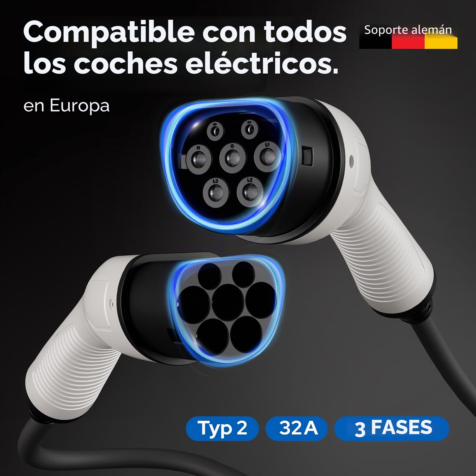 Cable de carga en espiral tipo 2, 22 kW, 10 m, 32 A, para coche eléctrico e híbrido, incluye bolsa de cables, cable en espiral de 3 fases para EV PHEV • Ahorro de espacio, adecuado para todos