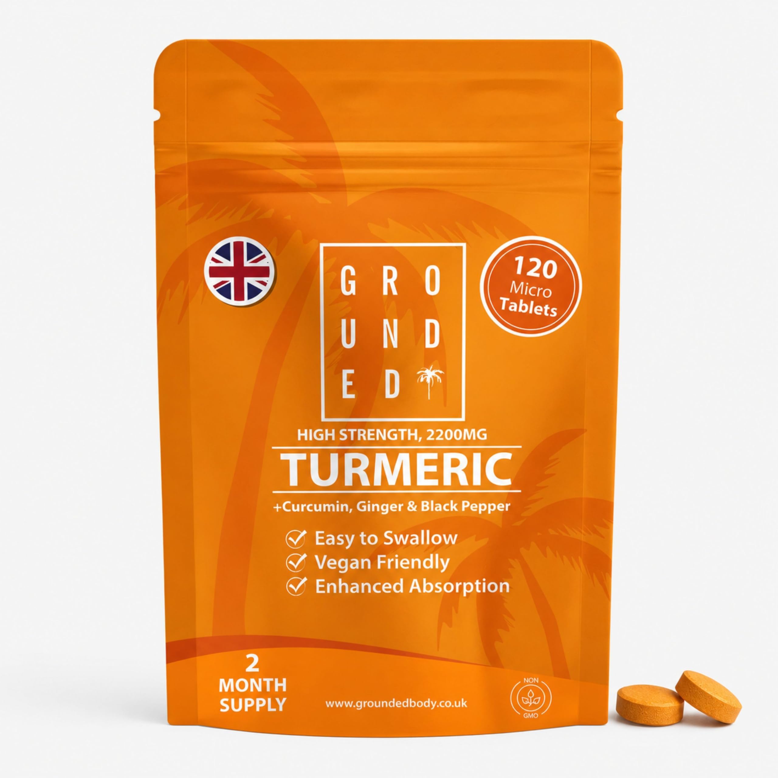 Grounded Turmeric Tablets 2,200mg with Black Pepper & Ginger 35:1 Extract | 2 Month Supply, 120 Tablets | High Strength Herbal Curcumin Supplement | Natural Anti Inflammatory & Antioxidants | Vegan UK