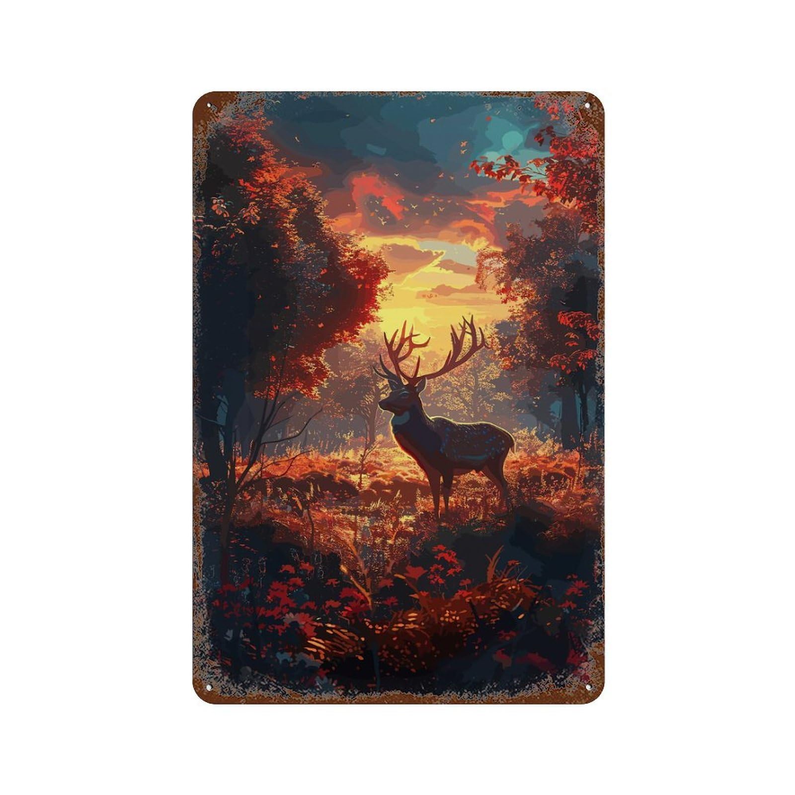 Deer Forest Sunset Decorative Tin Sign 11.8"x7.9", Vintage Wall Decor for Basement, Hobby Room And Garage Decor