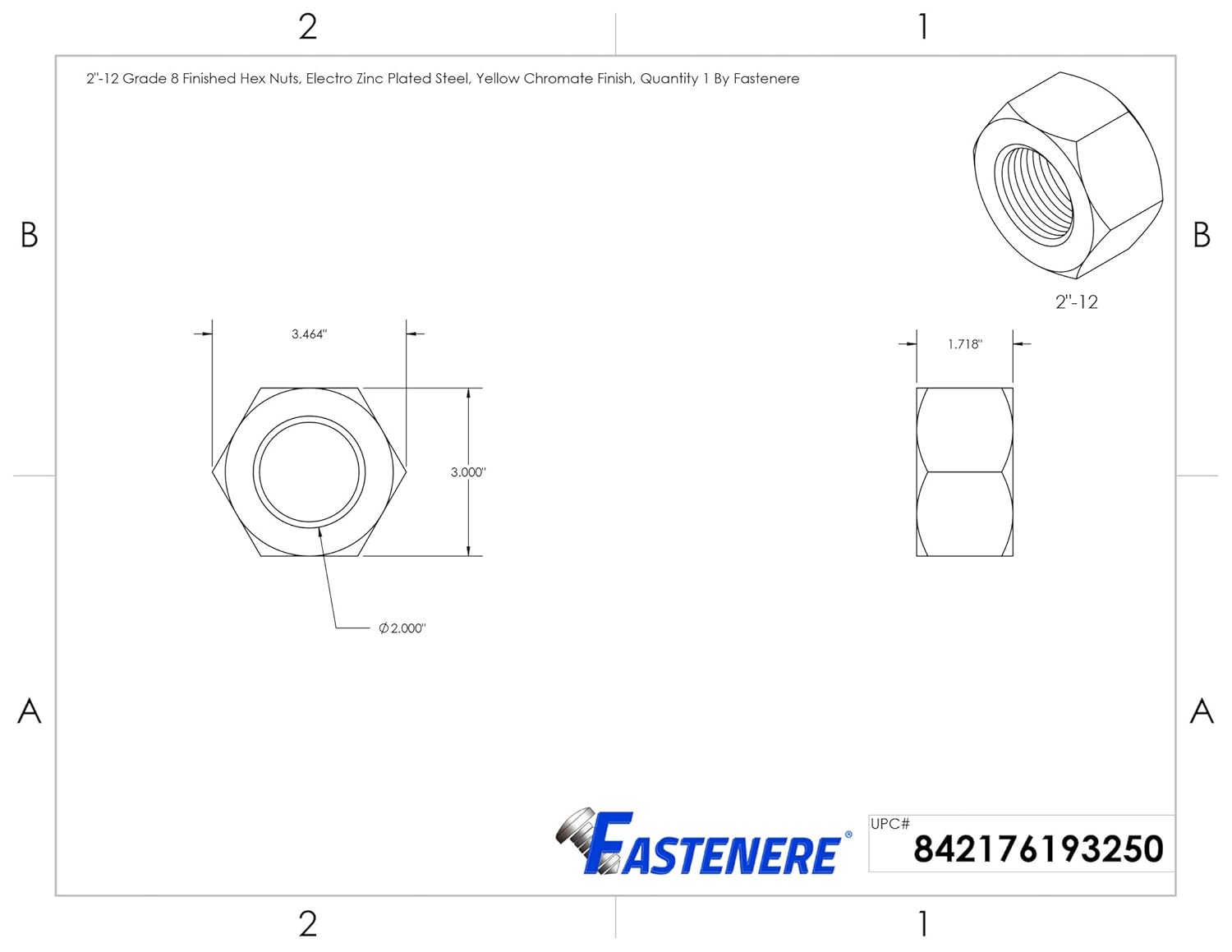 2"-12 Grade 8 Finished Hex Nuts, Electro Zinc Plated Steel, Yellow Chromate Finish, Quantity 1 by Fastenere