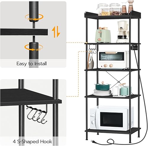 Miniatura 6 de HOOBRO Estante para hornear de cocina con toma de corriente, estante de almacenamiento de cocina de 5 niveles, soporte para microondas con 4 ganchos