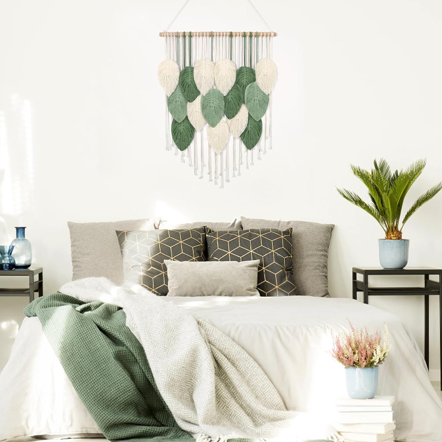 Weldomcor Macrame Wall Hanging, Boho Leaves Macrame Tapestry Wall Decor Handmade Green Woven Hanging Decor Chic Bohemian Wall Art Home Decoration for Bedroom Living Room Nursery Office 23.6"W x 29.5"L