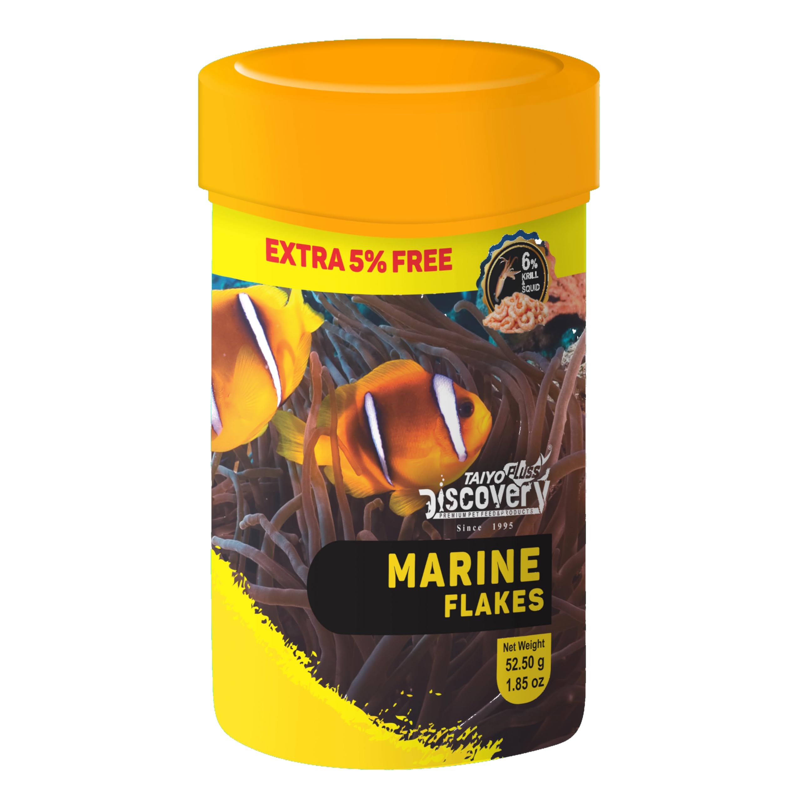 Taiyo Pluss Discovery Marine Flakes Fish Food - 52.5 g (50 g + Extra 5% Free) (Pack of 1) | Premium Slow Sinking Diet for Fishes with Krill & Squid for Active Growth & Coloration