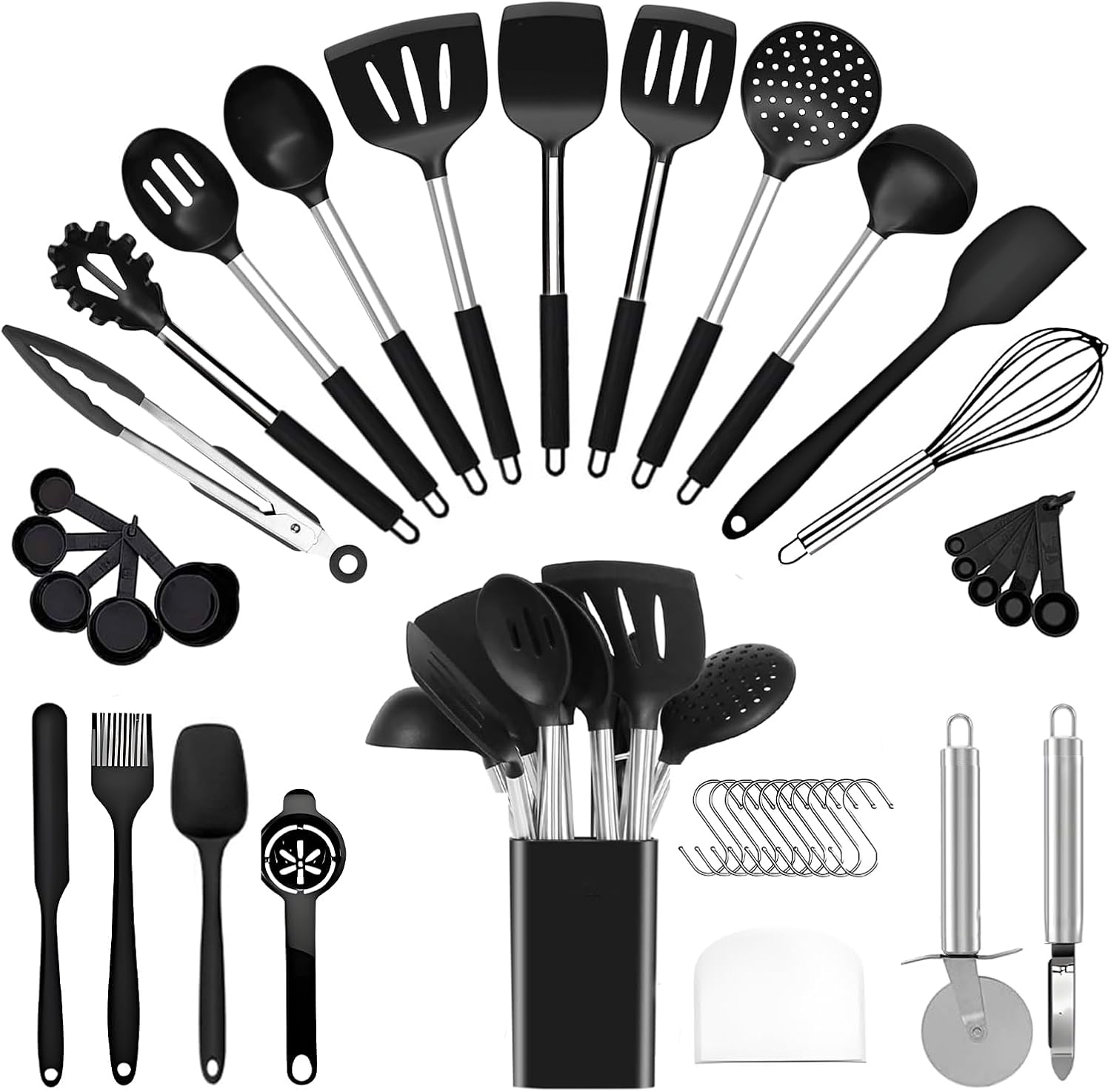 Kitchen Utensils Set Silicone Cooking, 40 Pcs Black Stainless Steel Metal, Spaghetti Spoon Cookware Utensils, Rubber Tools Nonstick Kitchenware Can Withstand Temperatures Up To 446°F, Dishwasher Safe Kitchen Utensils Set Silicone Cooking, 40 Pcs Black Stainless Steel Metal, Spaghetti Spoon Cookware Utensils, Rubber Tools Nonstick Kitchenware Can Withstand Temperatures Up To 446°F, Dishwasher Safe