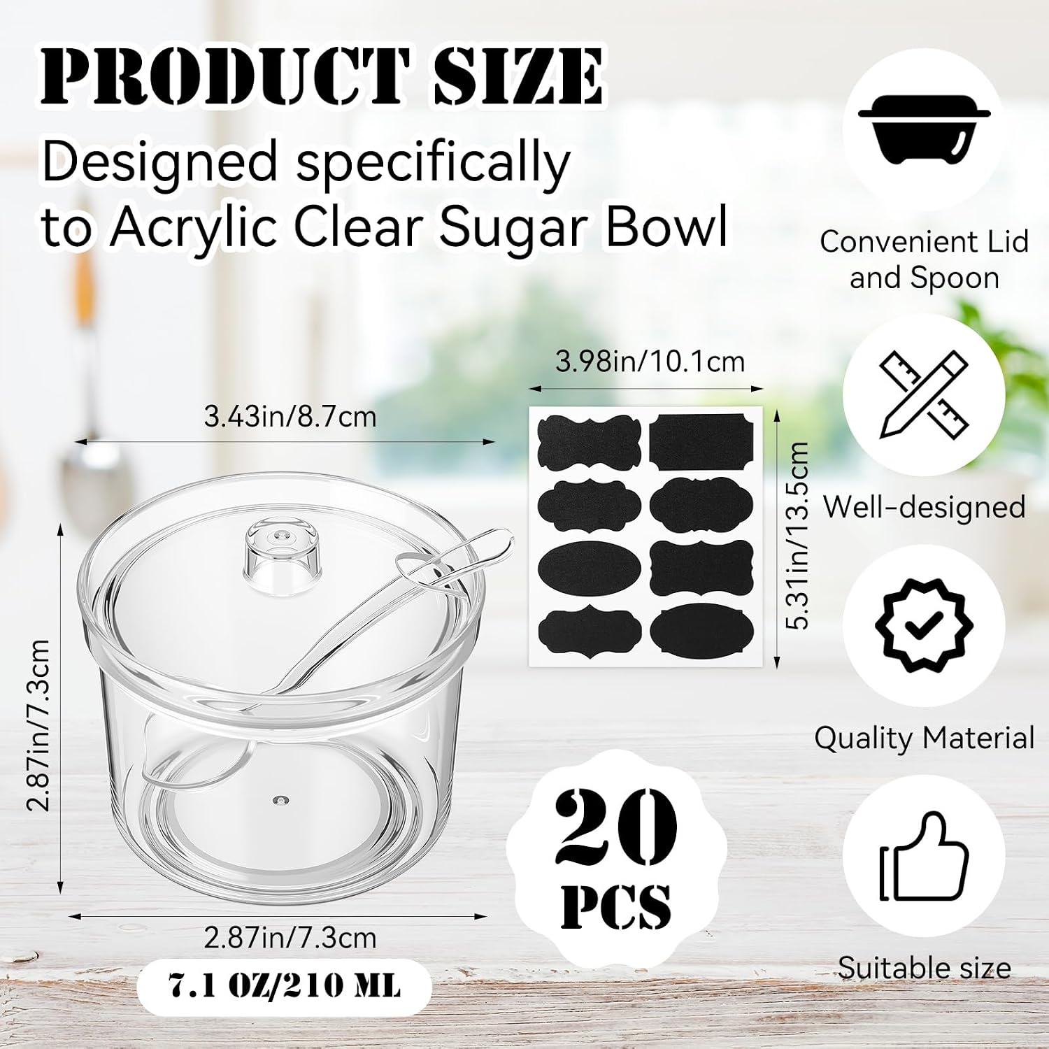 Remerry 20 Pcs Acrylic Bowl Containers 7.1 oz Clear Sugar Holder Dispenser Salt Bowl with Lid and Spoon with Tag for Home Kitchen Countertop Serving Condiment Candy Coffee Tea Spices Herbs