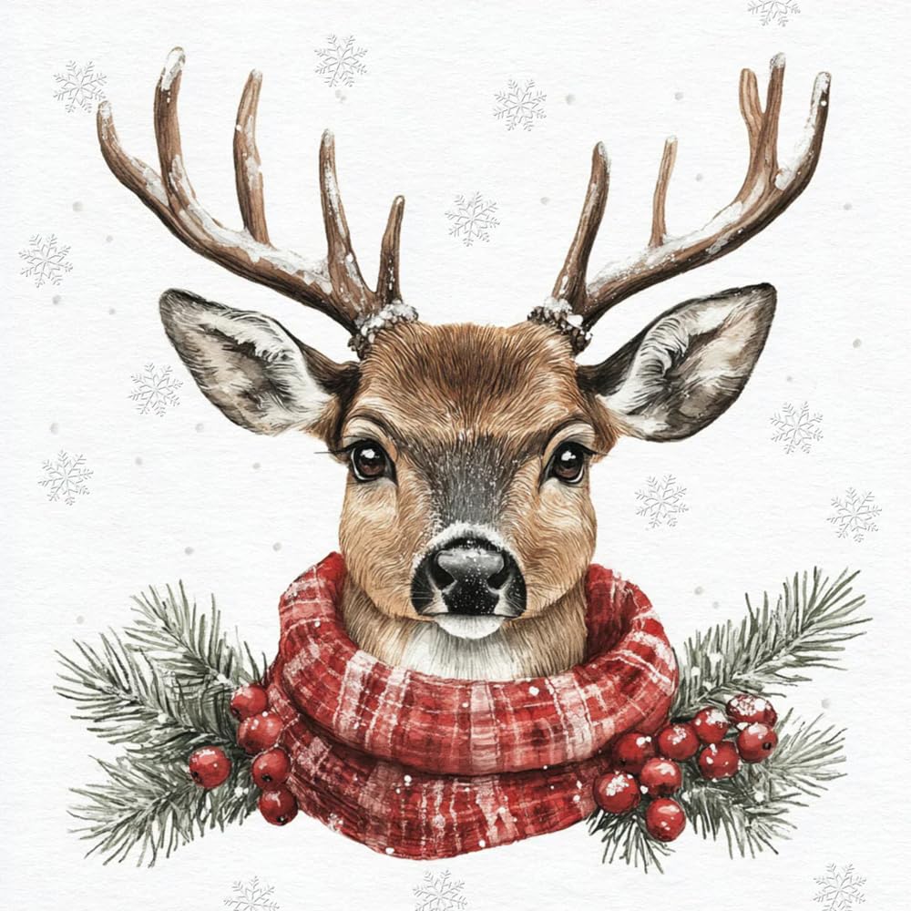 4 x Paper Napkins/3Ply/33cm/Decoupage/Christmas/Snow/Stag/Reindeer in Scarf