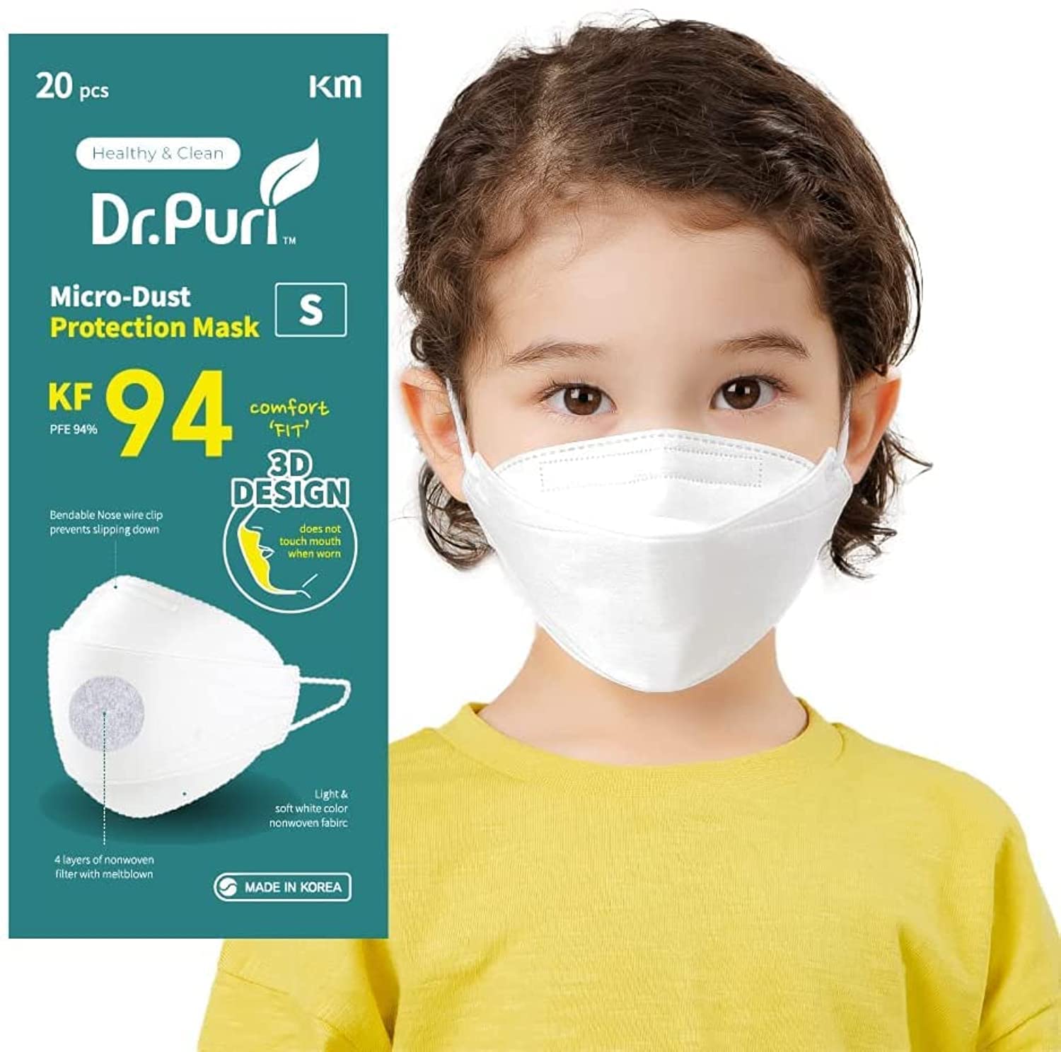 (20 Individually Sealed Masks / Box) Dr. Puri KF94 Micro-Dust Protection Face Mask (White) PFE 94%