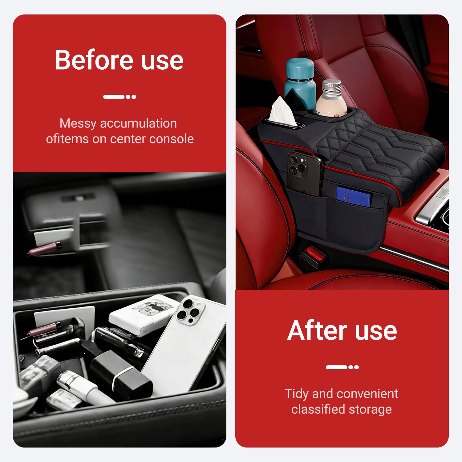 Copertura per console centrale dell'auto, in pelle PU, con imbottitura in spugna ad alta elasticità con portabicchieri, 2 sacchetti per fazzoletti (caffè-B)