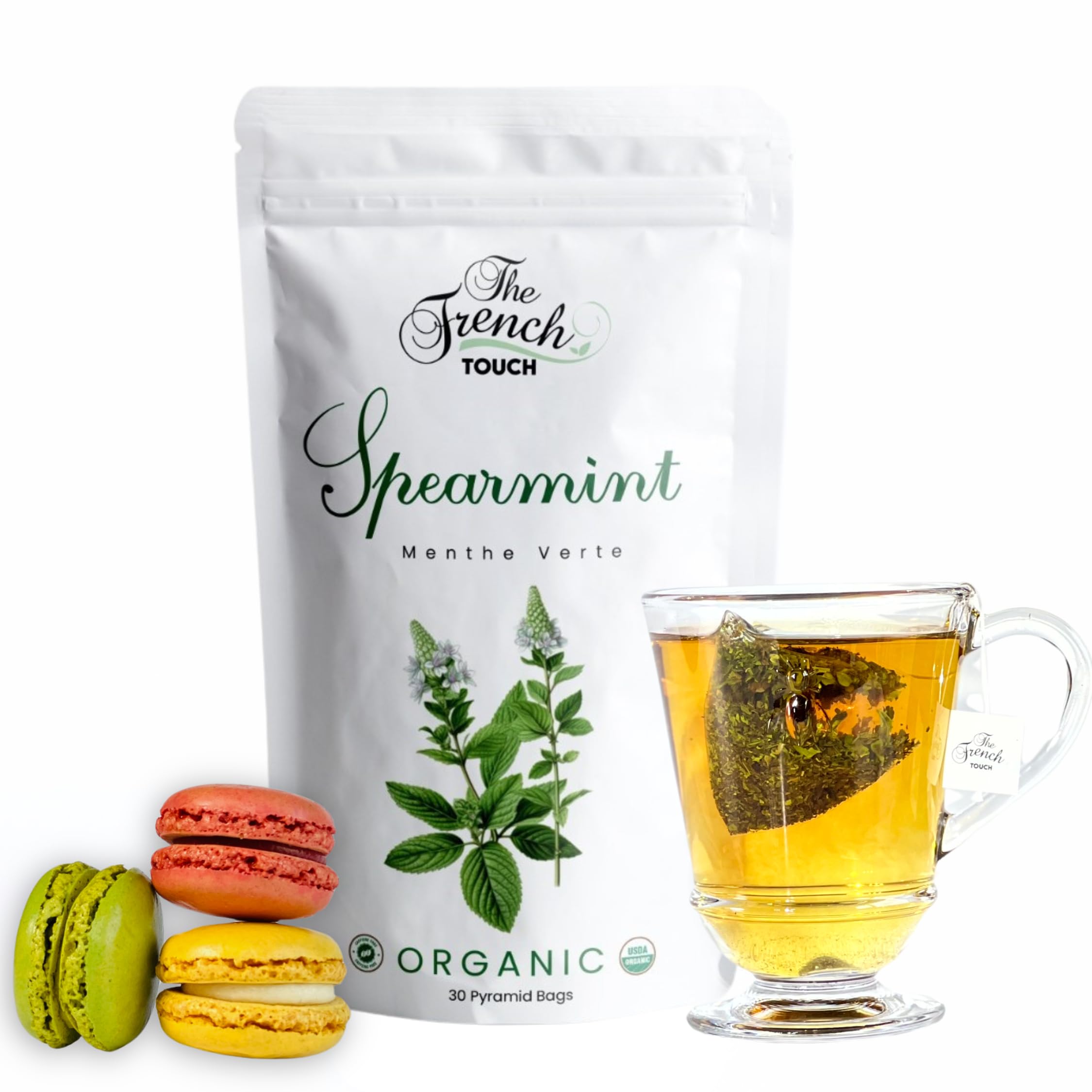 The French Touch Spearmint Tea ORGANIC | 1.5g x 30 Pyramid Bags | 100% Certified USDA Organic | Plant based tea bags | Select Premium Tea (Spearmint)
