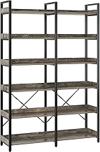 Seventable Bookshelf with 4 Hooks, 6-Tier Bookcase, Industrial Bookshelf, Vintage Storage Rack with Open Shelves, 69" Rustic Wooden Standing Bookshelves, 47.3” Wide Display Rack for Living Room, Grey