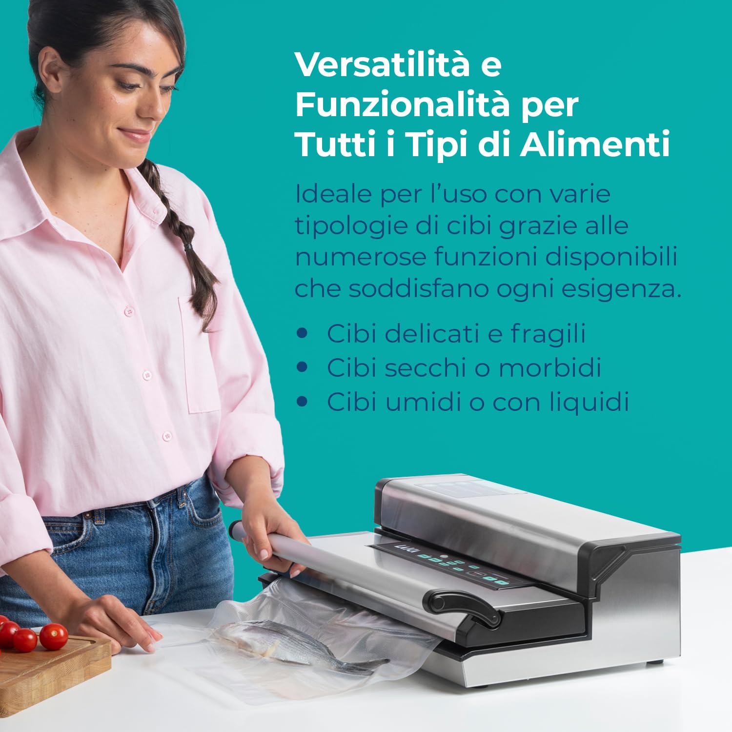 LAICA VT3250 Macchina Sottovuoto Professionale - 1 Rotolo da 40cm Incluso | 100 cicli automatici consecutivi, aspirazione regolabile 25 l/min, tripla sigillatura, larghezza MAX sacchetti 40 cm