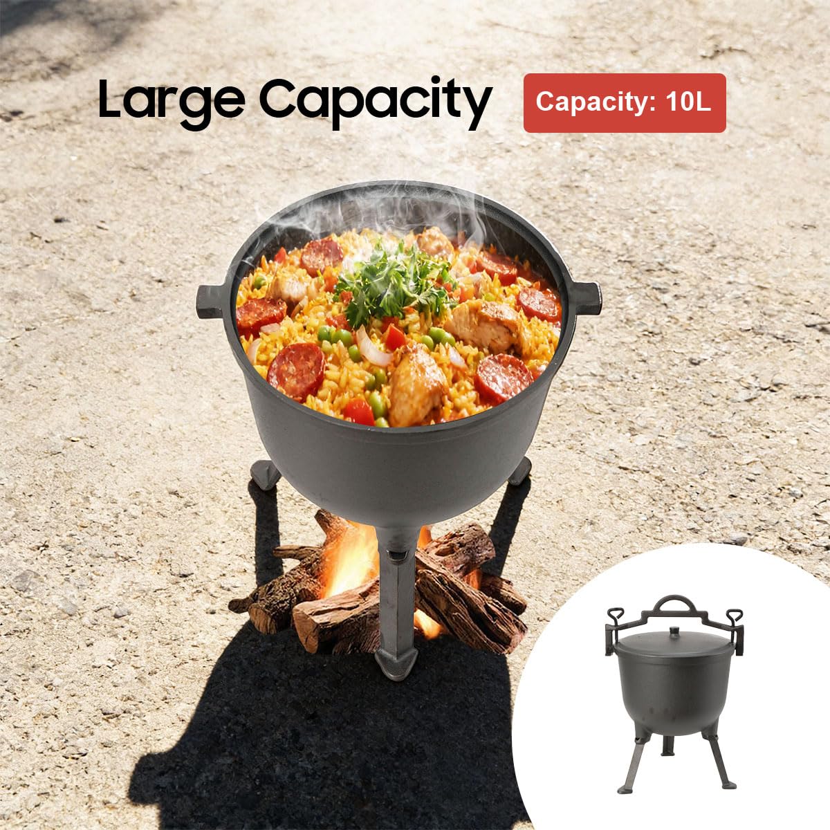 Caldero de Hierro Fundido 10L, Hervidor de Caza con 3 Patas y Tapa, Olla para Fogata, Camping y Barbacoa, Horno Holandés para Jardín, Marmita de Hierro Natural para Exterior