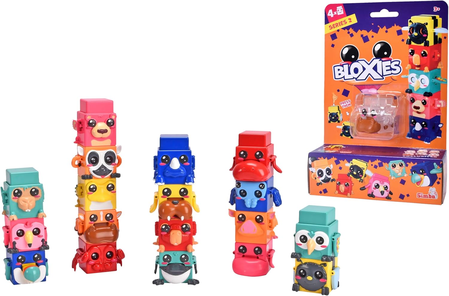 Simba Toys Bloxies Series II Figure (Pack of 4) - Animal Building Block for Stacking and Collecting, Fun Movement Effect, 4.5 cm, Random Selection, Toys from 3 Years