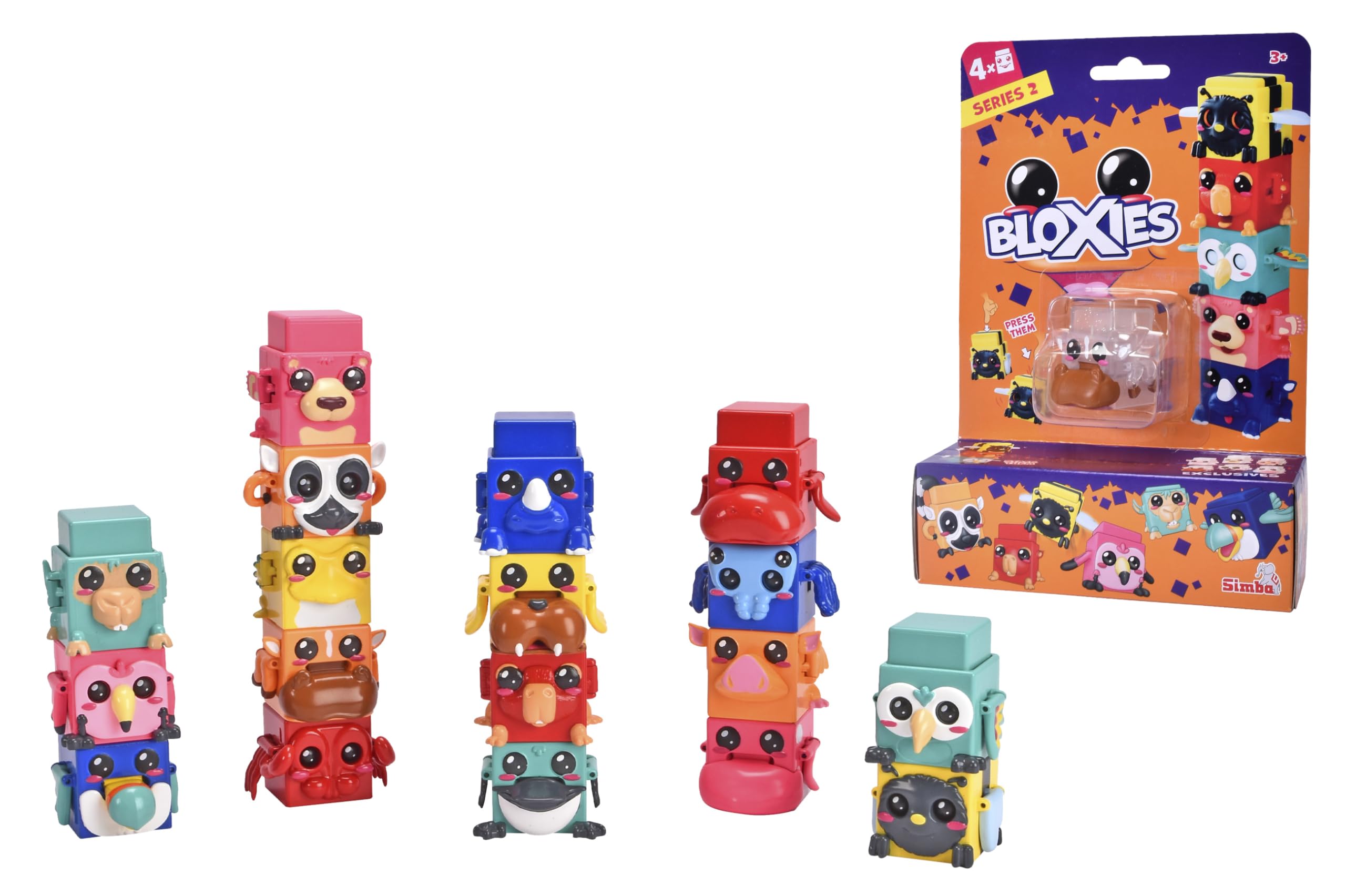 Simba Toys Bloxies Series II Figure (Pack of 4) - Animal Building Block for Stacking and Collecting, Fun Movement Effect, 4.5 cm, Random Selection, Toys from 3 Years