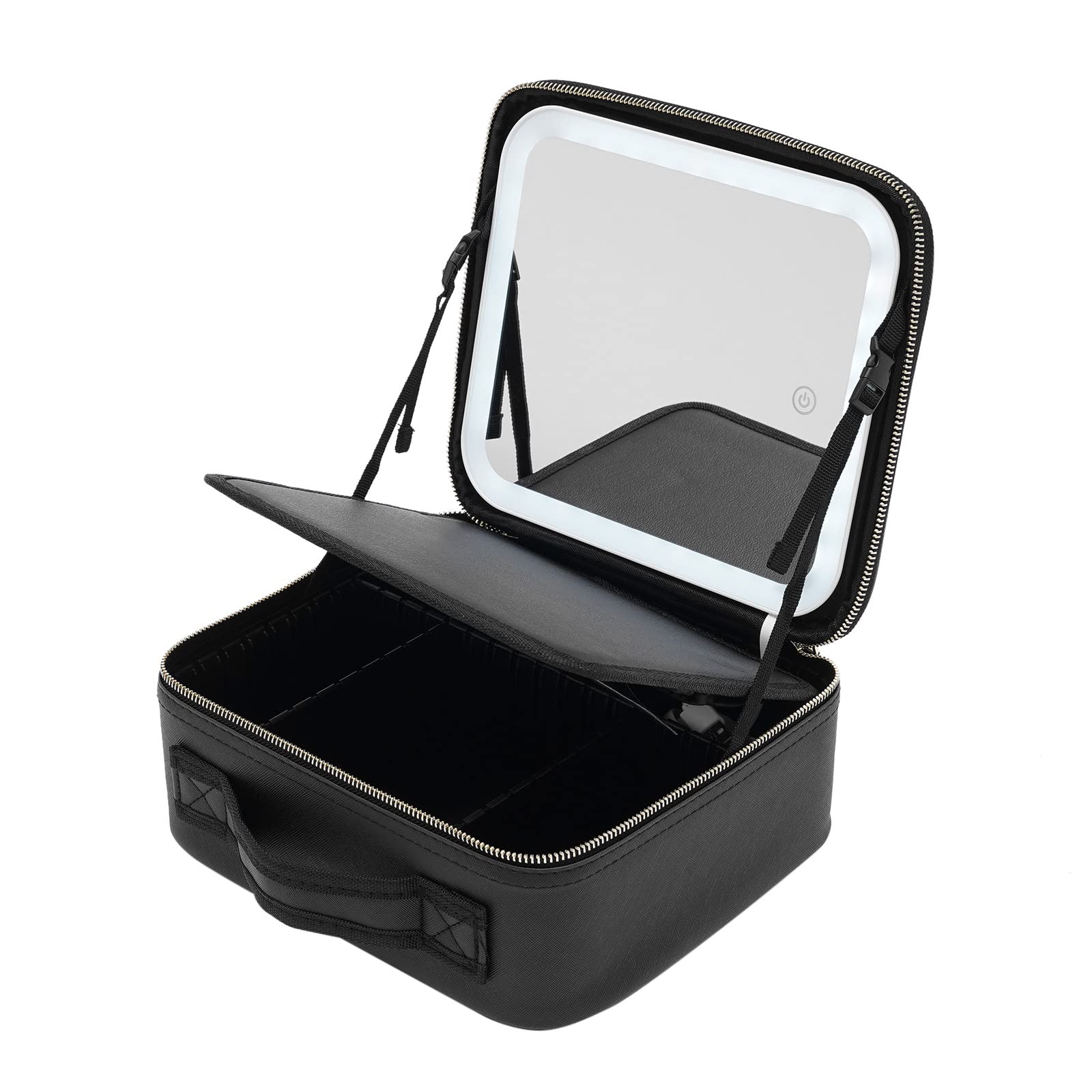 Reisekosmetiktasche mit beleuchtetem Spiegel, wasserdichte Makeup-Trainingsbox mit LED-Spiegel, Einstellbarer Helligkeit in 3 Farbszenarien, Verstellbaren Teiler, Geschenk für Frauen (Schwarz)