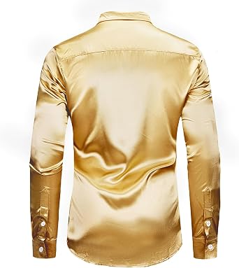 Wirltte Men's Dress Shirt Silk Luxury Long Sleeve Slim Fit Wedding Party Disco Prom Sequin Shirts