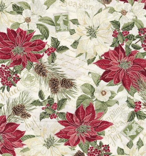 Festive Poinsettia and Pinecone Cotton Fabric – 1 Yard of Holiday Charm for Quilting and Crafts