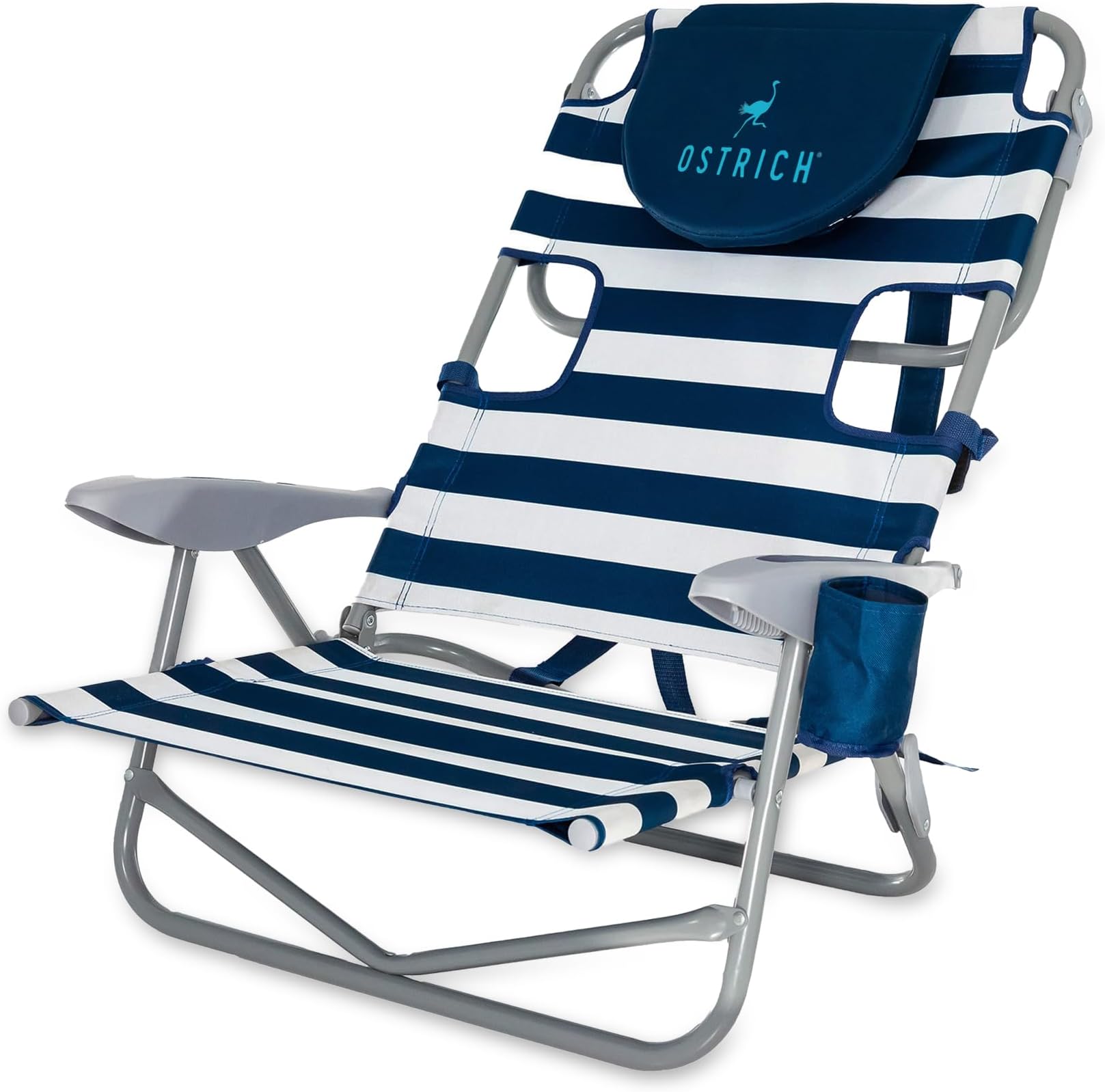 The Heavy-Duty Backpacker, Portable Beach Chair w/Face Hole, Adjustable Lounge Chair w/Face Opening, Cup Holder, & 325lb Capacity, Blue Stripe