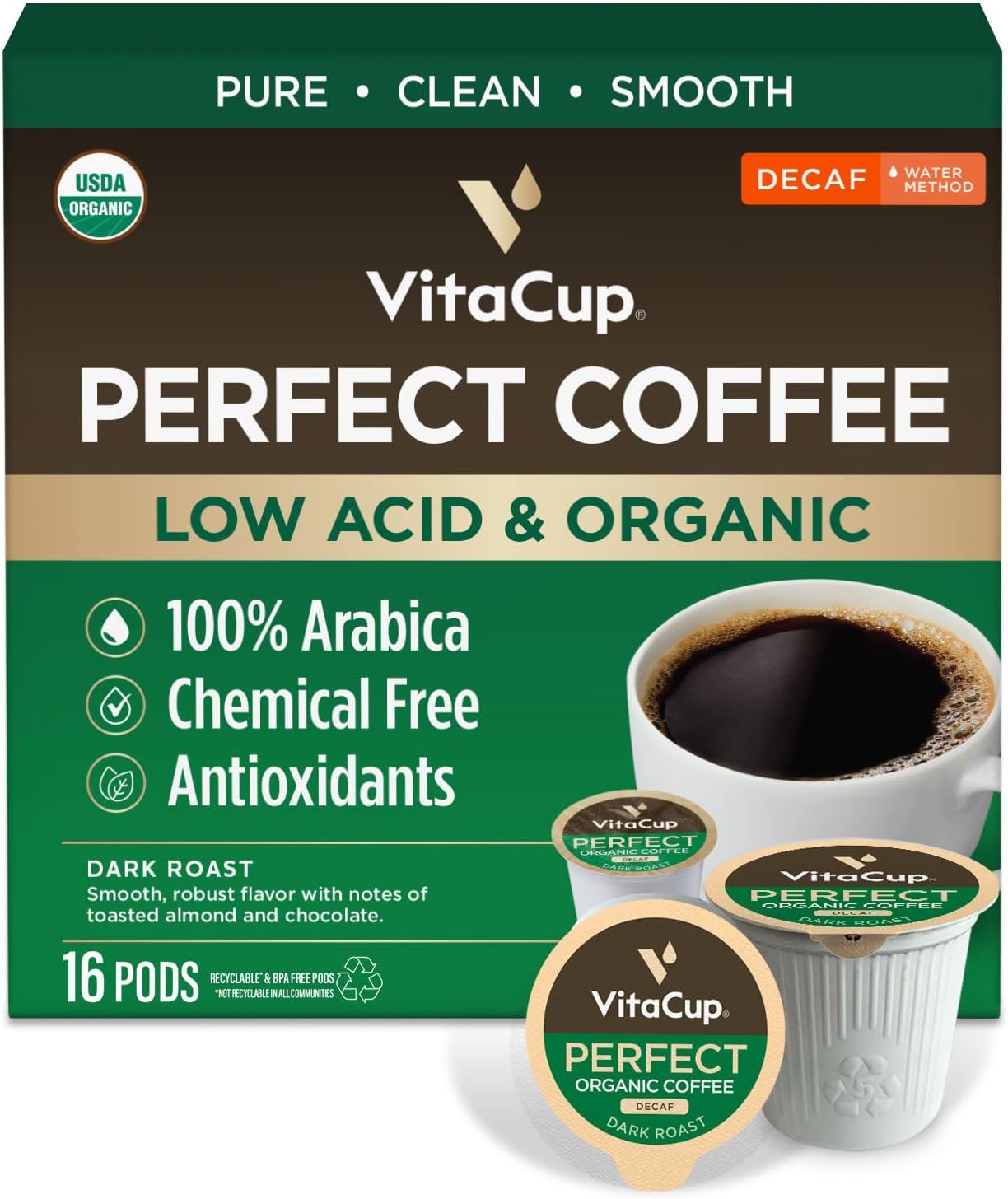 VitaCup Organic Perfect Dark Roast Decaf Coffee Pod for Pure & Clean Energy, Antioxidants, Low Acid, Guatemala Single Origin in Recyclable Single Serve Pod compatible w/Keurig K-Cup Brewers,16CT