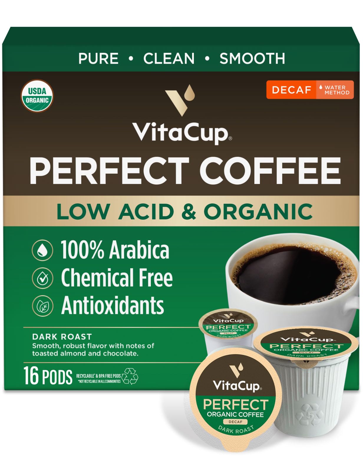 VitaCup Organic Perfect Dark Roast Decaf Coffee Pod for Pure & Clean Energy, Antioxidants, Low Acid, Guatemala Single Origin in Recyclable Single Serve Pod compatible w/Keurig K-Cup Brewers,16CT