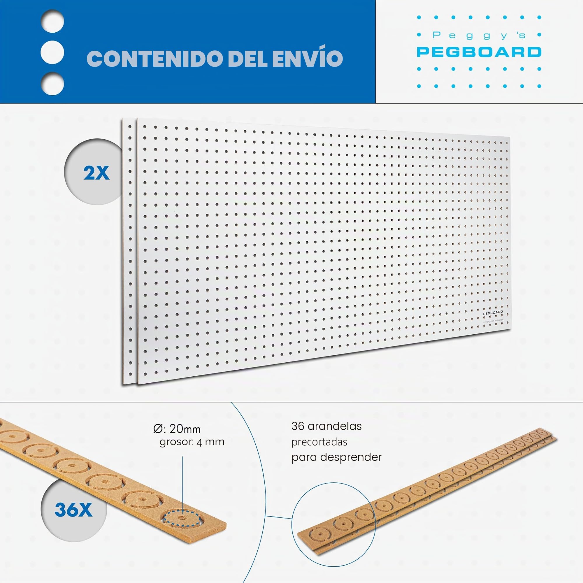 Panel para herramientas de madera, 120 x 60 x 0,5 cm, Perforación Ø 7 mm, MDF lacado en blanco, 2 unidades