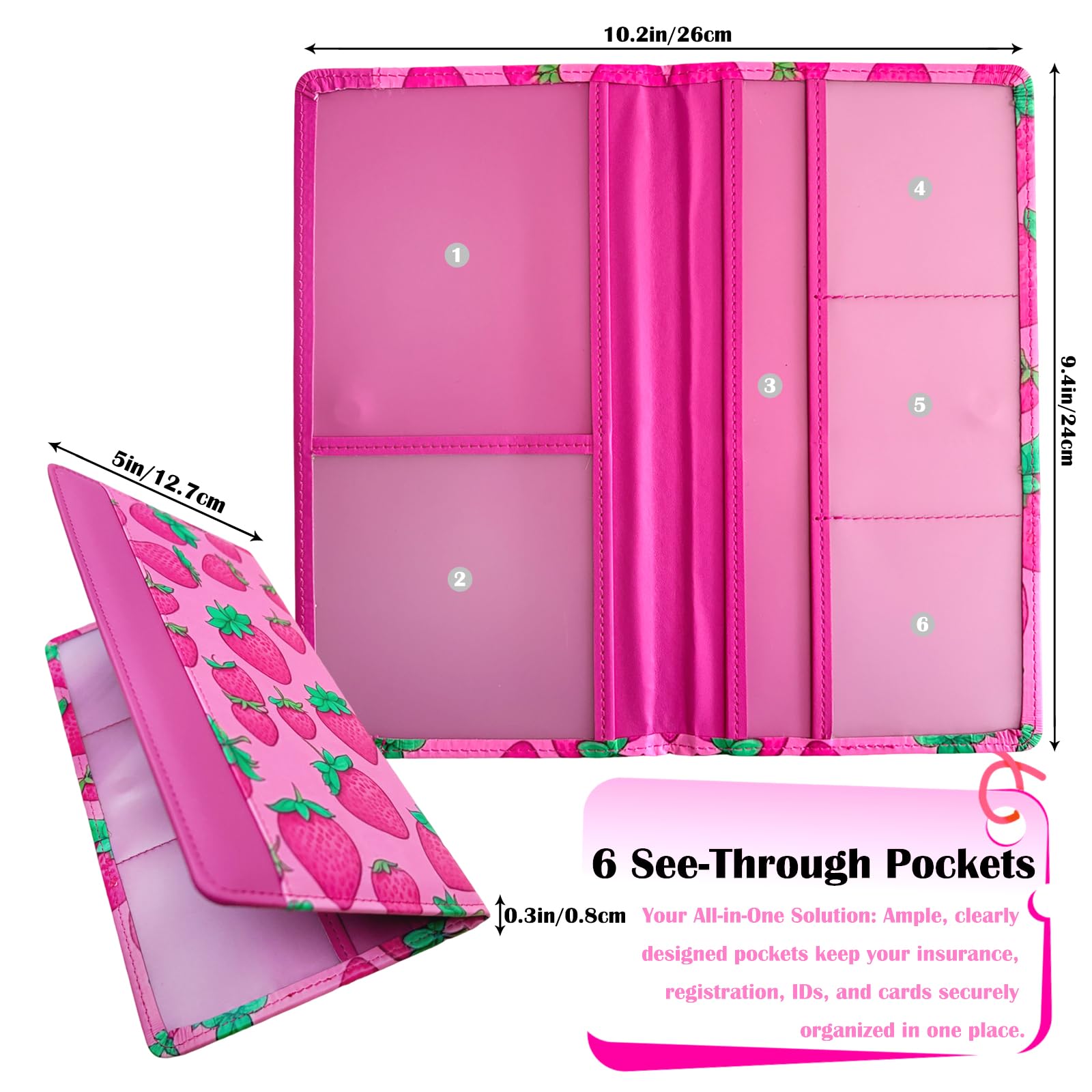 Porta libretto e assicurazione auto con chiusura magnetica, organizer universale per documenti per patente, carte di assicurazione e vano portaoggetti (fragola, rosa acceso)