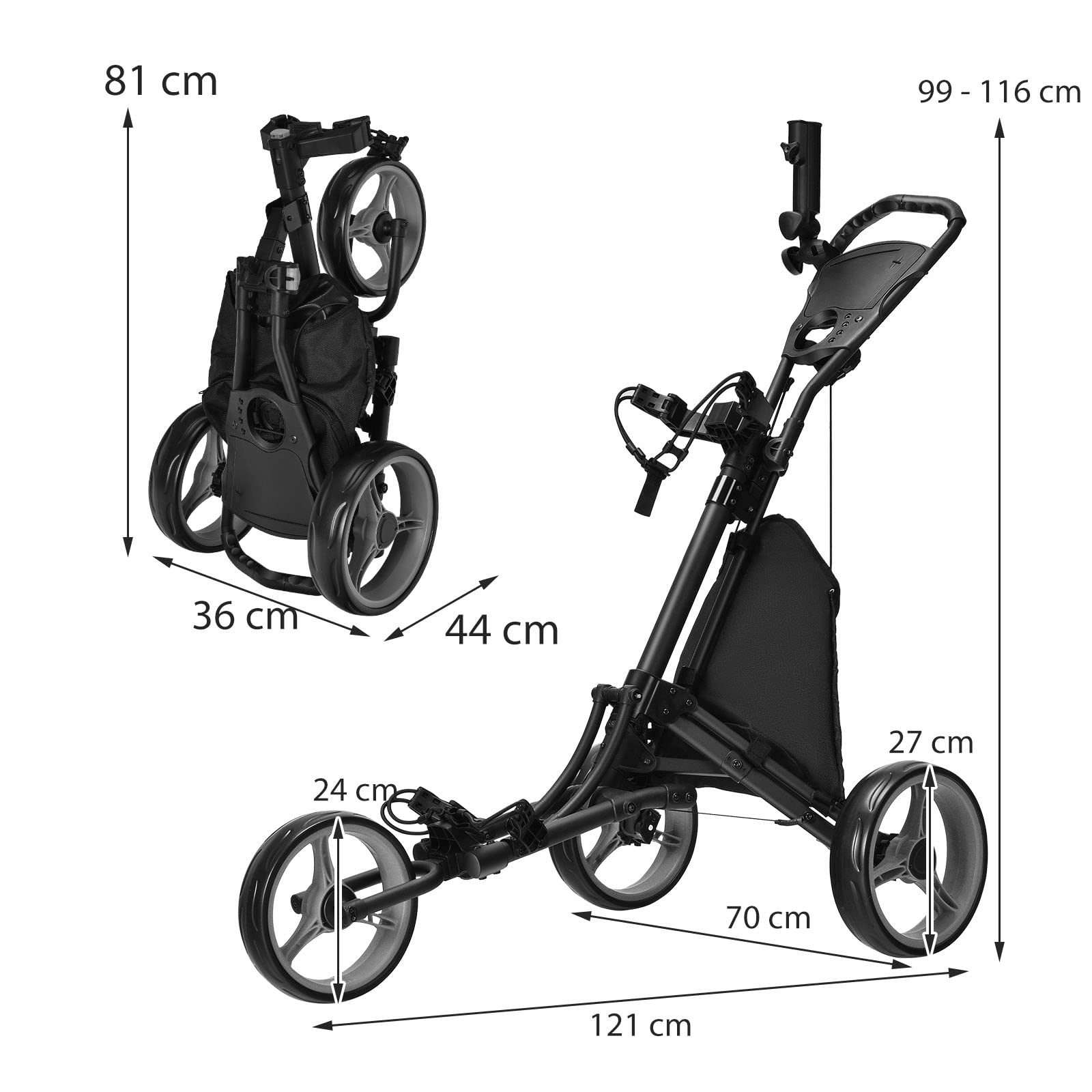 GOPLUS Carrito de Golf Plegable 3 Ruedas, Altura Ajustable, Aluminio, Portaparaguas, Bolsa Impermeable, Freno Pie, 121x70x116 cm
