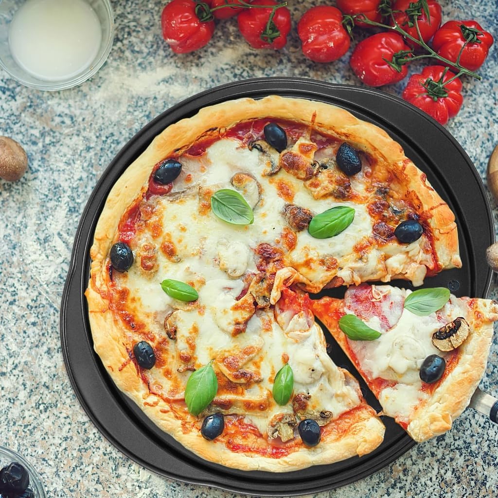 2Pcs Perforated Carbon Steel Pizza Pan With Nonstick Coating Hole and Double Handle For Crispy Crust Oven Baking Sheet