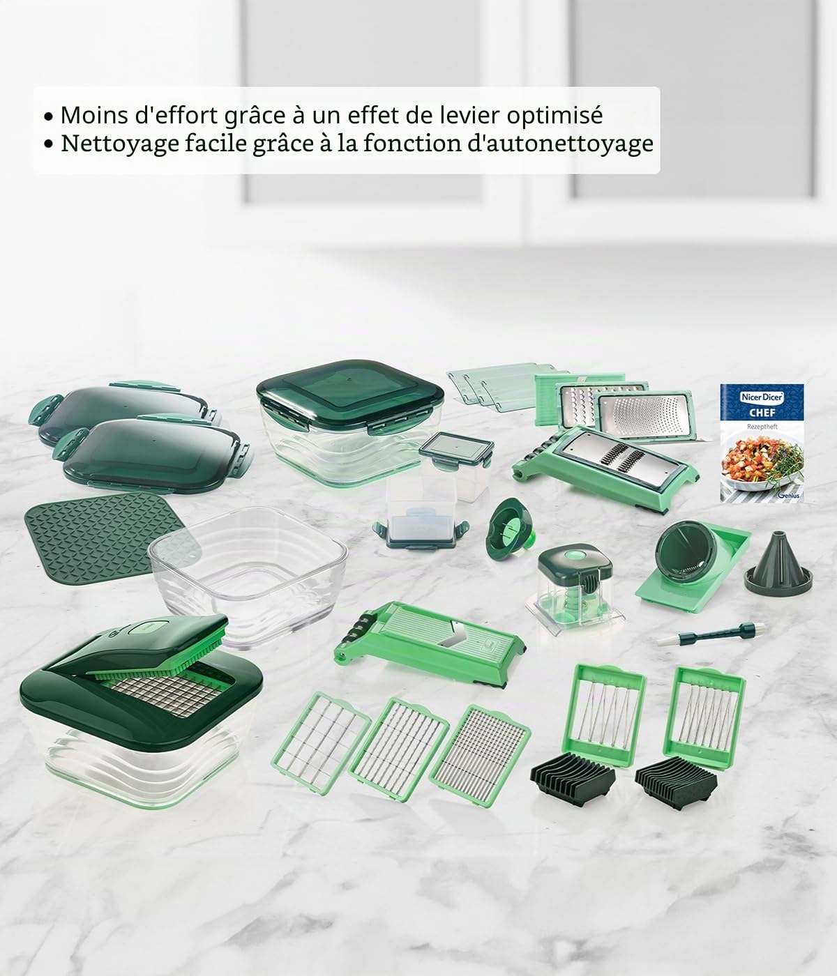 Genius Mandoline Nicer Dicer Chef 34 en 1 Multifunction Professionelle - Coupe-légumes avec bol en verre et coupe-tomates légumes | âtonnets, tranches, bandes, spirales, julienne
