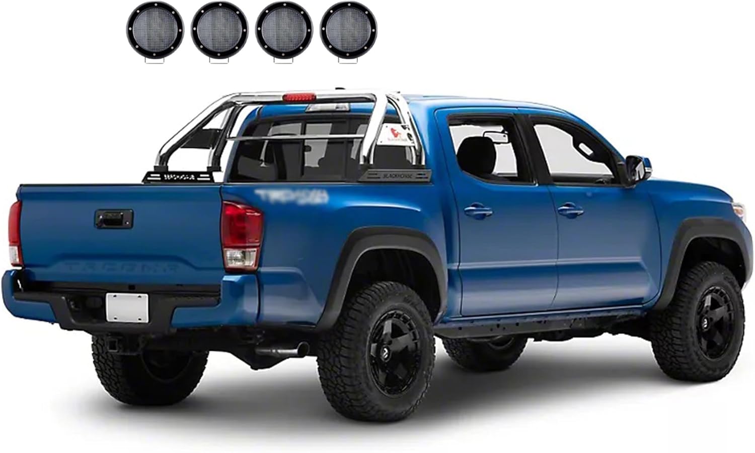 Black Horse Classic Roll Bar Incl. Set of 5.3" Dia.LED Lights w/Black Trim Rings Stainless Steel Compatible with 2015-2026 GMC Canyon|2015-2026 Chevrolet Colorado-RB005SS-PLFB