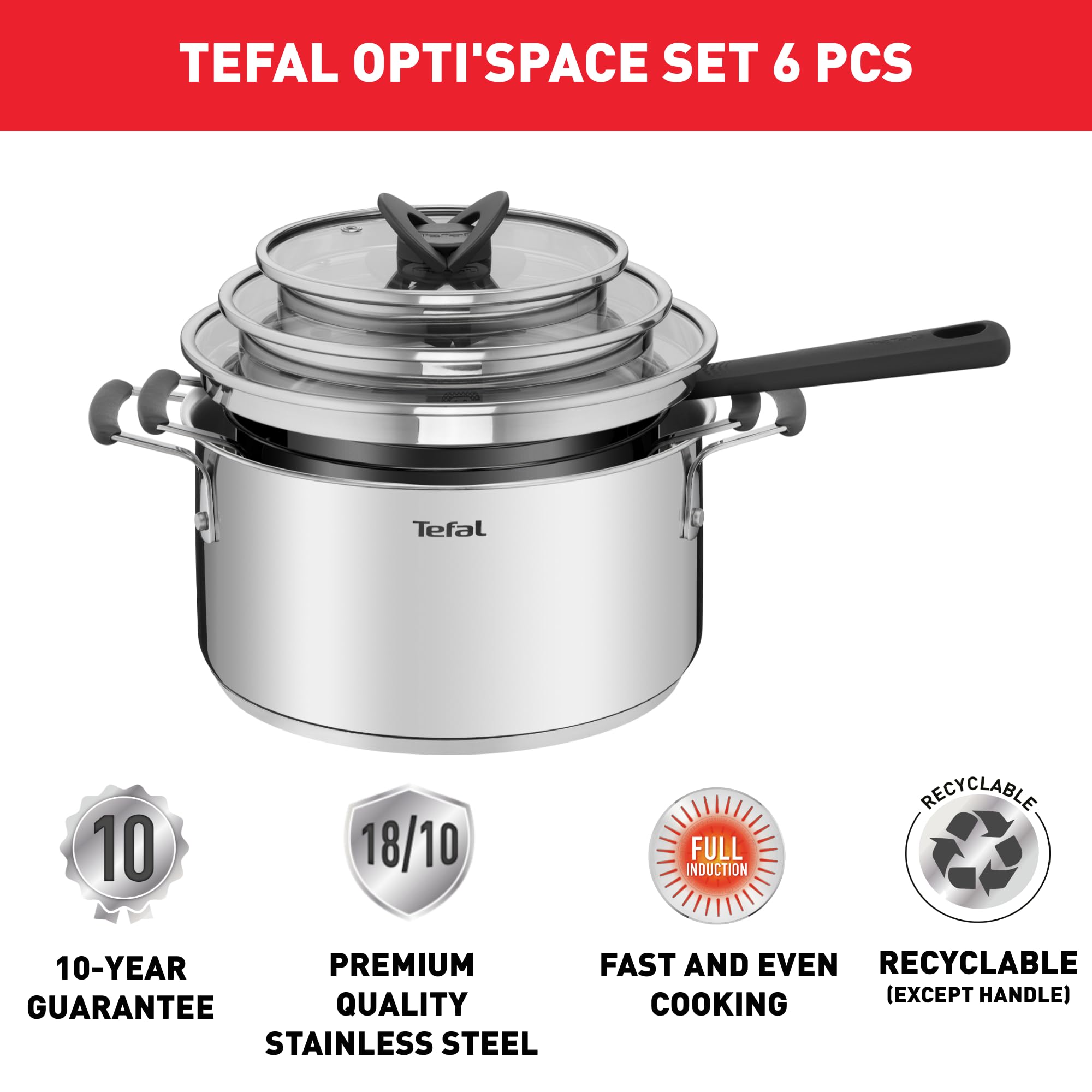 Tefal G7376S Opti'Space 6-częściowy zestaw garnków | rondel 16 cm (łącznie z pokrywką) | garnki 20/24 cm (z pokrywką) | stal nierdzewna | dno termofuzyjne | do wszystkich rodzajów kuchenek |
