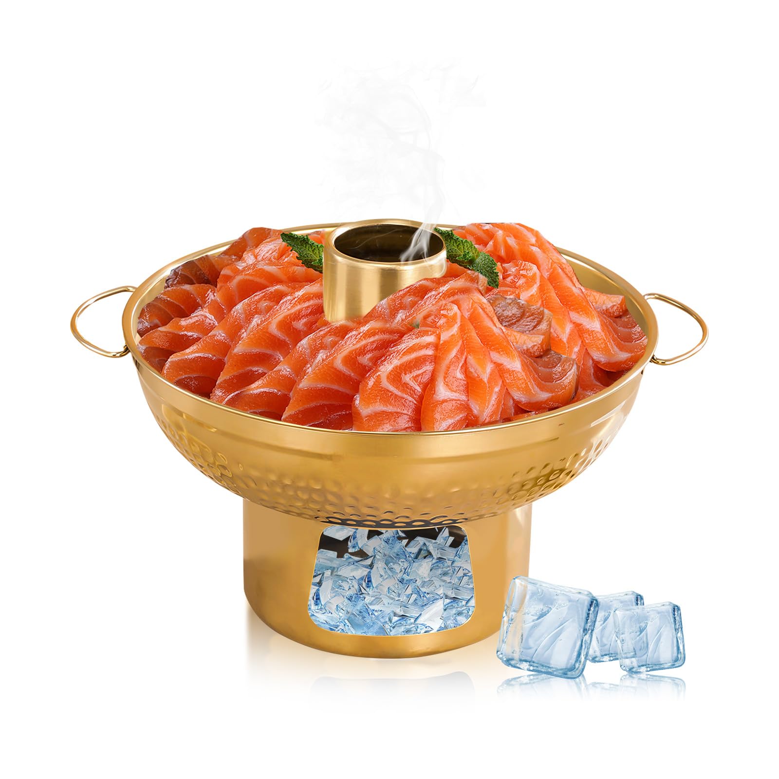 Yitexin Gold 8.6 In 304 Stainless Steel Shrimp Cocktail Serving Dish, Groove Hotpot Chilled Serving Tray With Ice Button, Cold Fruit Platter Tray For Parties Drinks Veggies Seafood Salad Sushi (Gold)