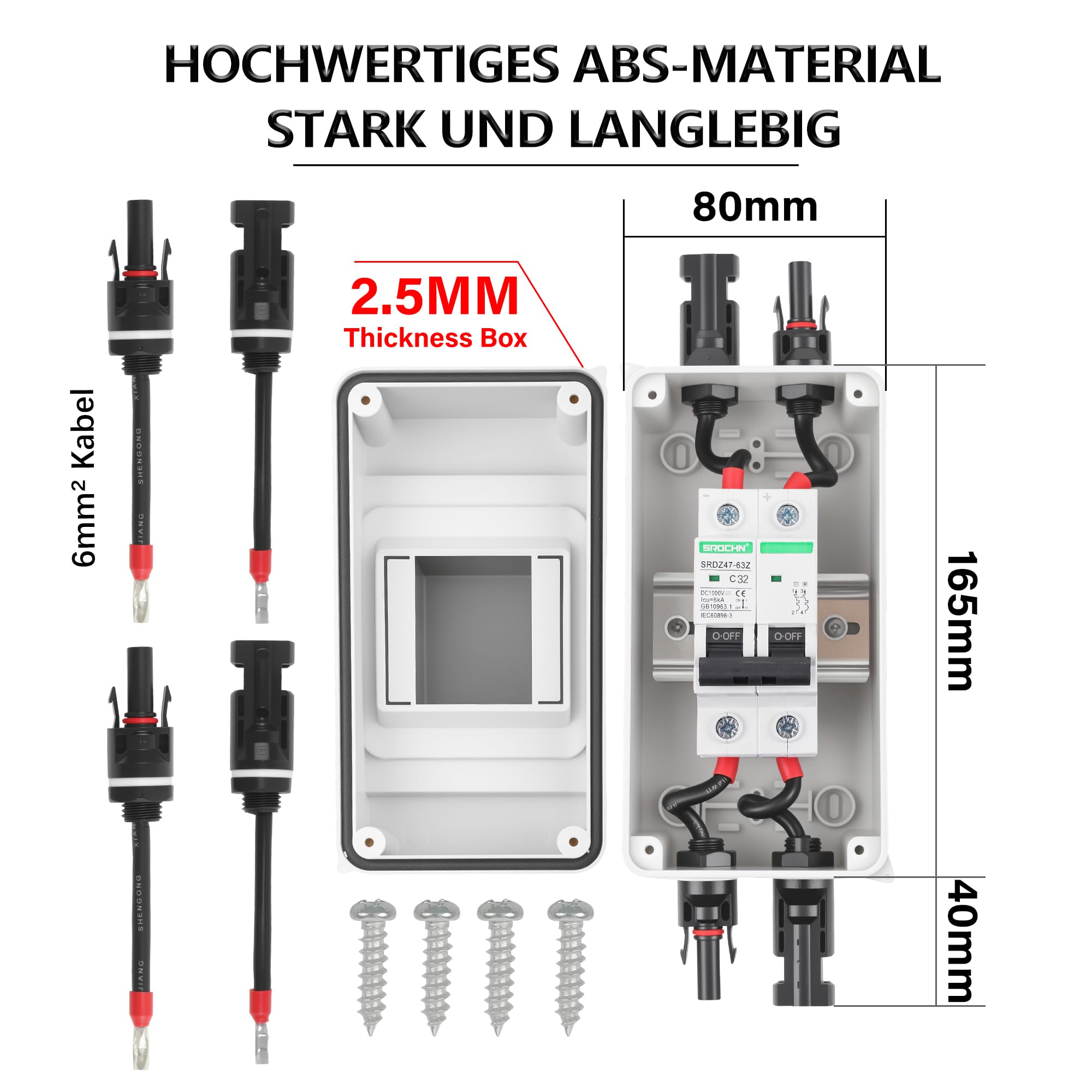 Warmfay DC Trennschalter PV Anlage Leitungsschutzschalter 32A 2 Polig, 12V-1000V DC Sicherungsautomat Mit Solarstecker, IP65 Wasserdicht Gehäuse für balkonkraftwerk
