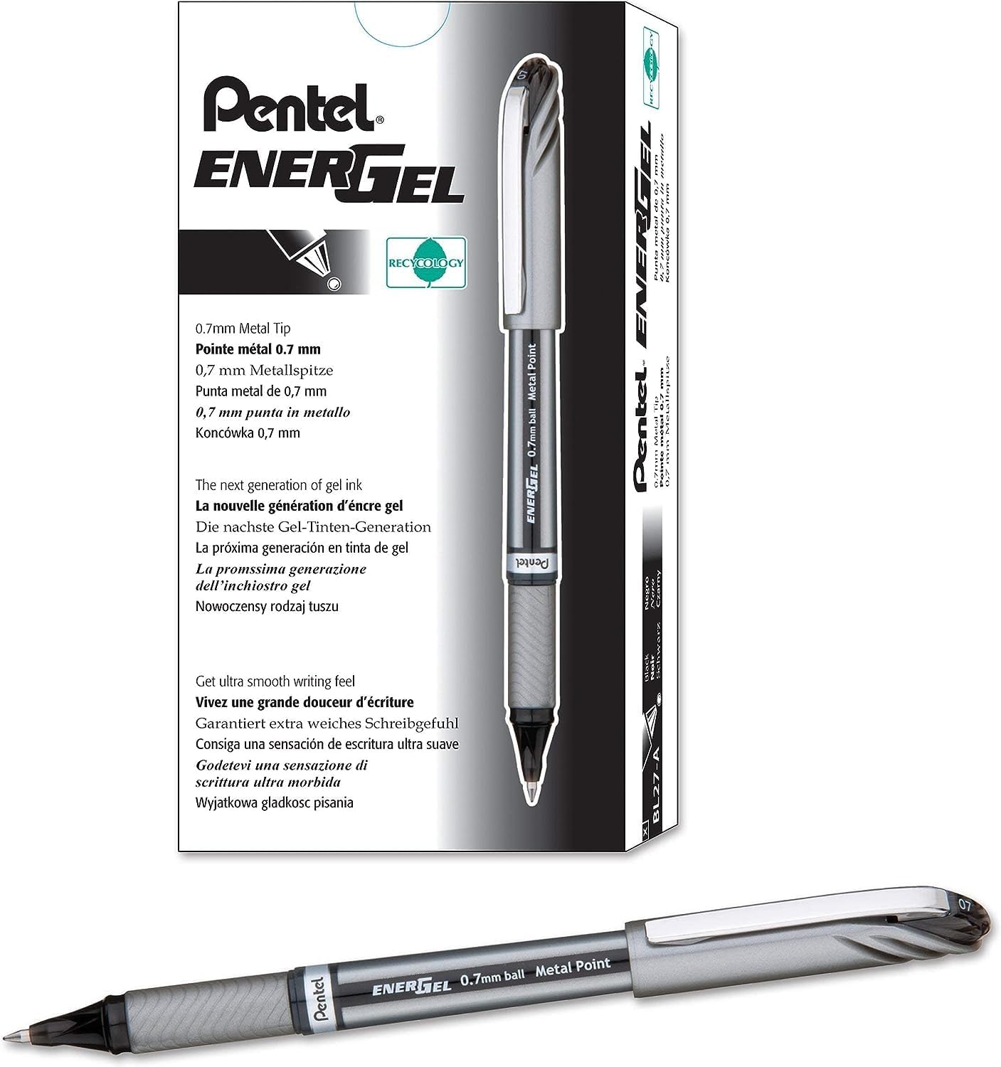 Pentel 0.7 mm Tip 0.35 mm Line Energel Rollerball Pen with Metal Point - Black (Pack of 12)