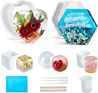 Large Resin Molds Silicone Kit,Silicone Molds for Epoxy Resin, Epoxy Resin Molds for Flowers Preservation kit,Including Deep Hexagon, Heart, Sphere，Cube,Cylindrical, DIY Resin Casting Molds Tools