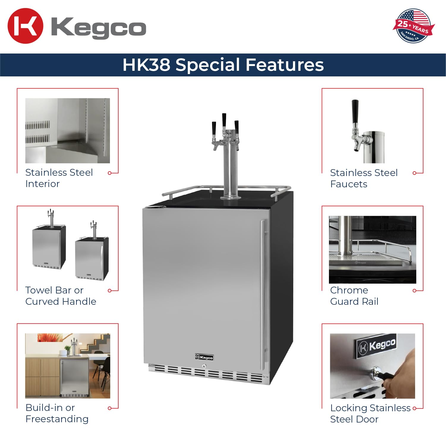 Kegco 24" Wide Triple Tap Stainless Steel Built-In Left Hinge Digital Kegerator With Kit on Fridge.com - View 2