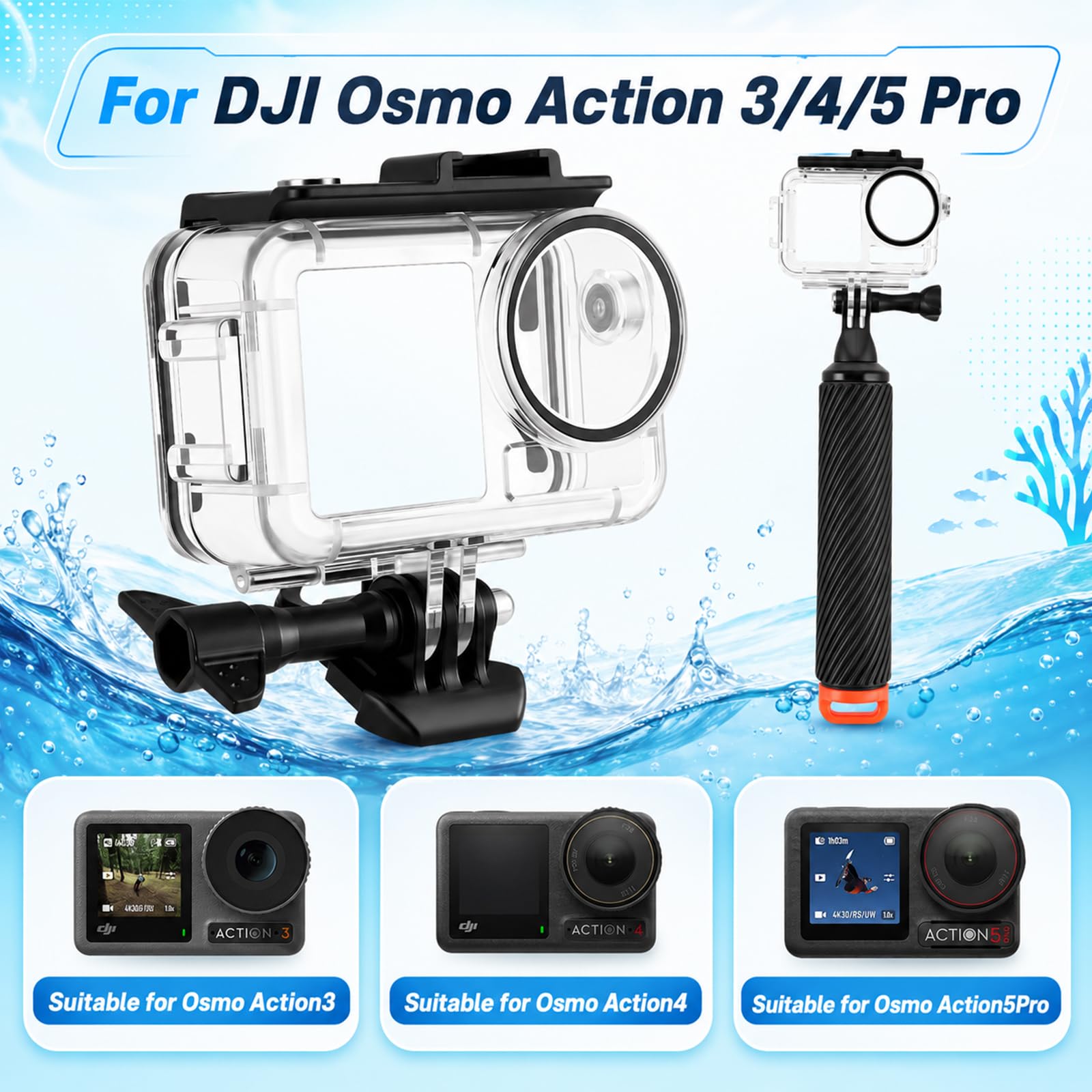 DJI Osmo Action 5 Pro/4/3 Wasserdichtes Gehäuse 60M Unterwasser-Schutzgehäuse mit 3 Farbfilter-Set Auftriebsgriff Antibeschlag