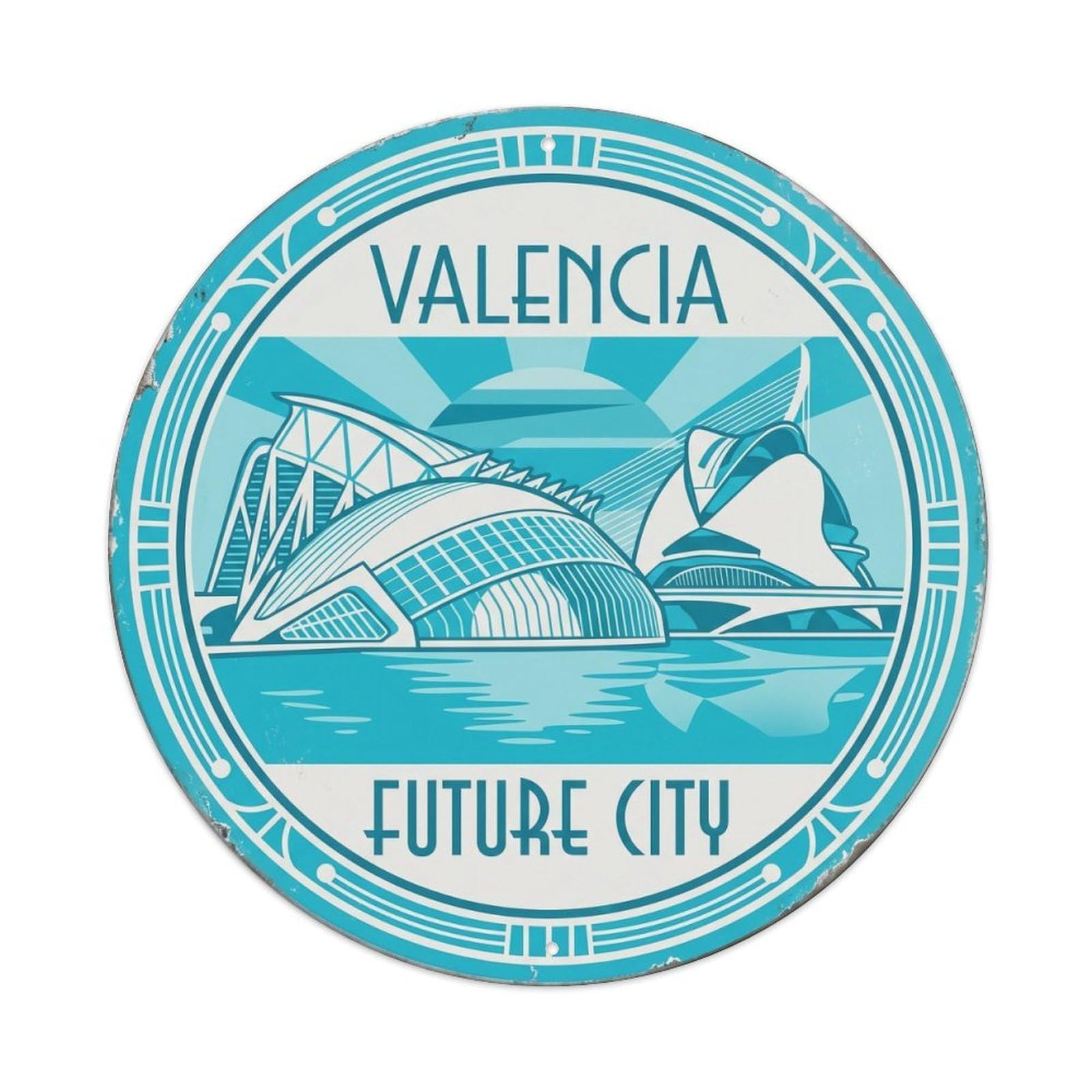 Cmhok Vintage Style Vintage Travel Futuristic Valencia Architecture Metal Tin Sign Plaque Wall Decor For Cafe, Club, Garden Round Metal Poster 8X8inch