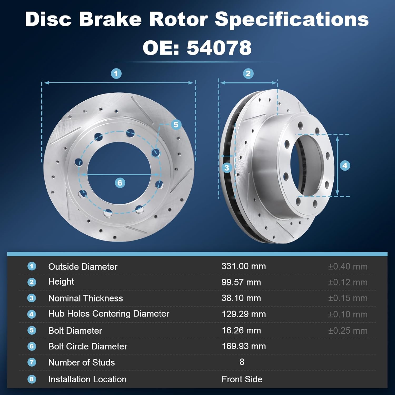 Front Drilled and Slotted Disc Brake Rotors Fit for Ford 2000-2005 Excursion, 1999-2004 F-250, 1999-2004 F-350, 1999-2004 F-450, 2004 F-550 Super Duty Front (4WD) #54078