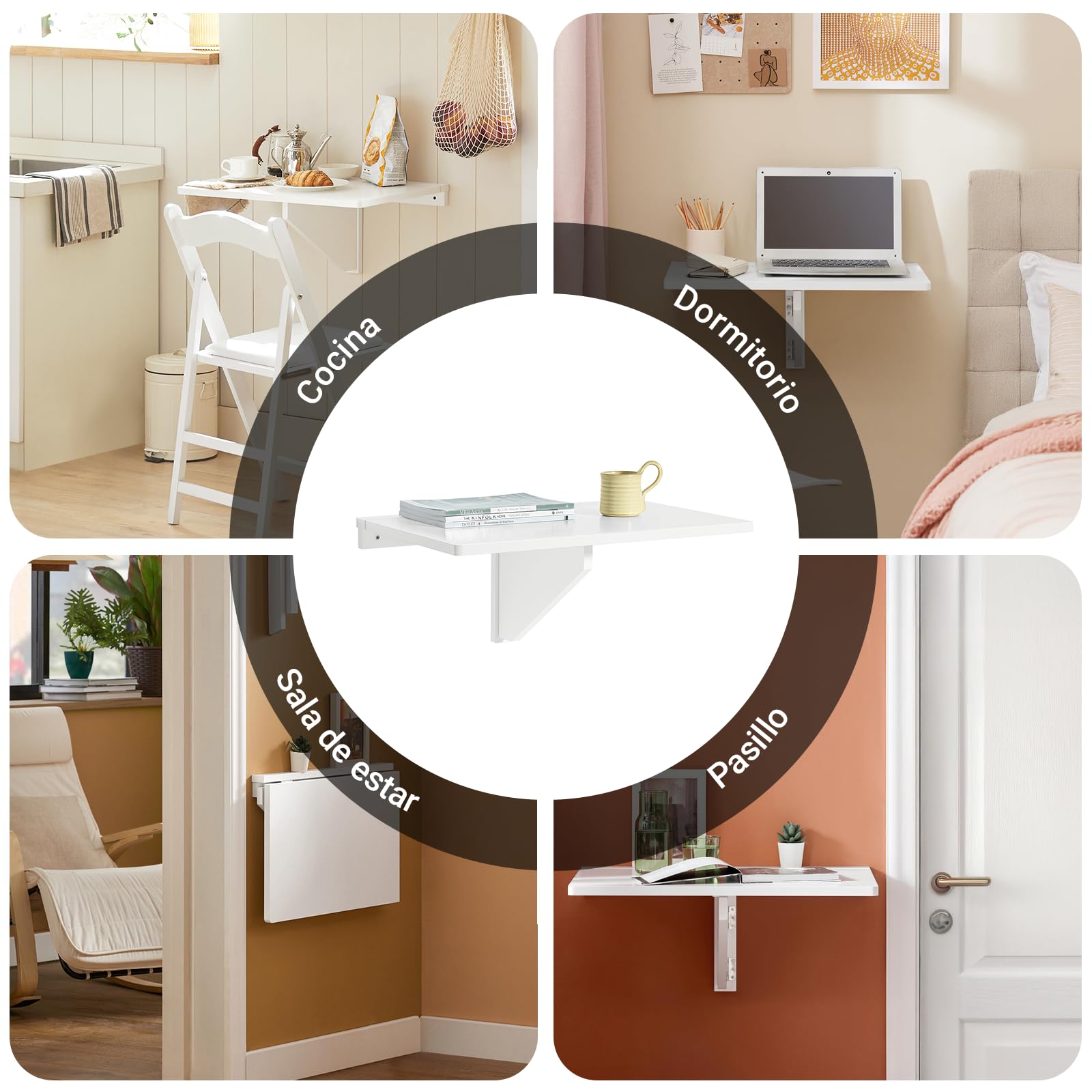 SoBuy Mesa Plegable a Muro, Escritorio Compacto, Mesa de Cocina Plegable, Diseño Salvaspacio, Extensible, Ideal para Espacios Pequeños, Cocina, Oficina, 60x40cm Blanco FWT03-W