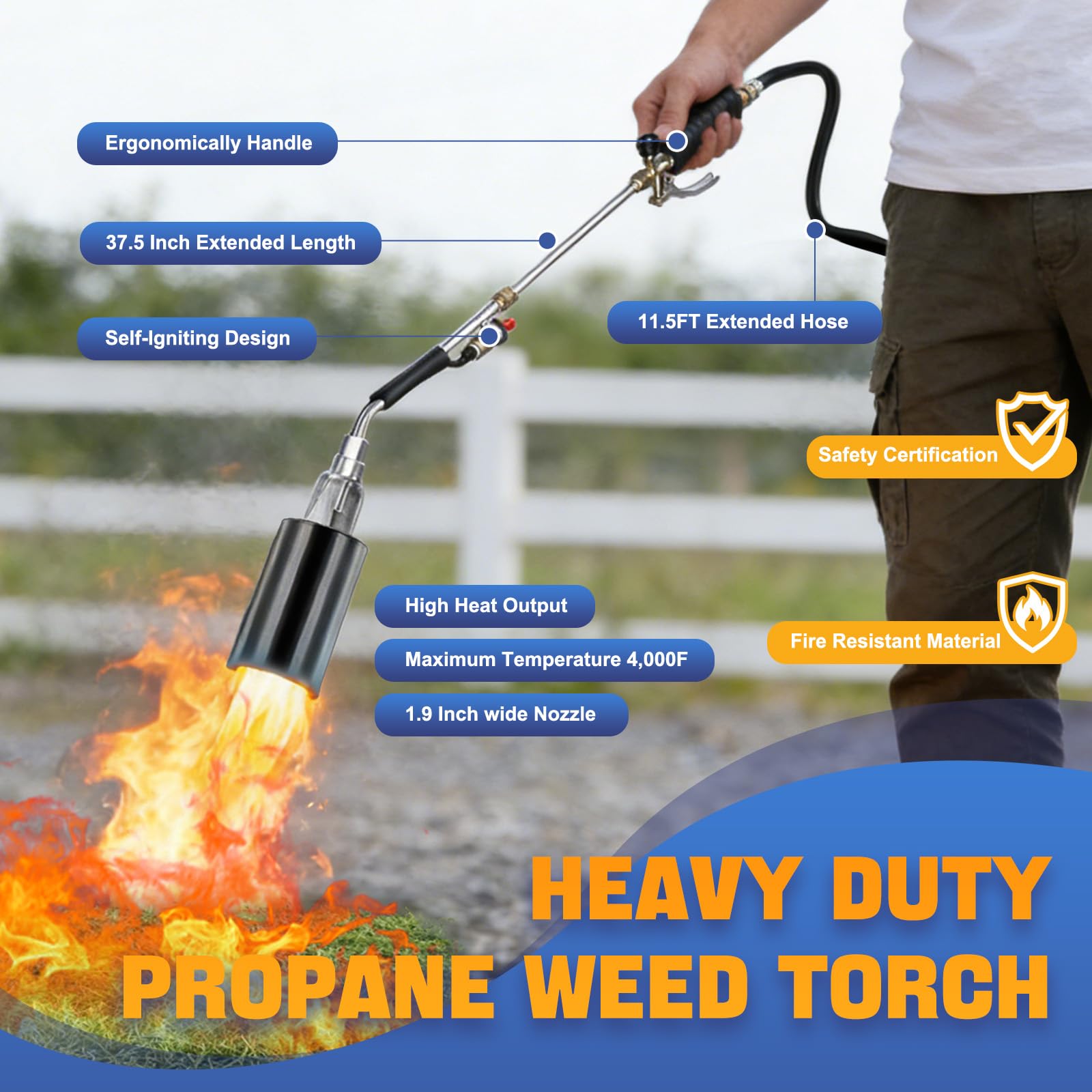 Torcia a propano con bruciatore di erbacce, lanciafiamme ad alta potenza da 4000 F, per diserbo, coperture e scioglimento della neve, manico ergonomico, auto-lgniting, portatile, per erba, arbusti