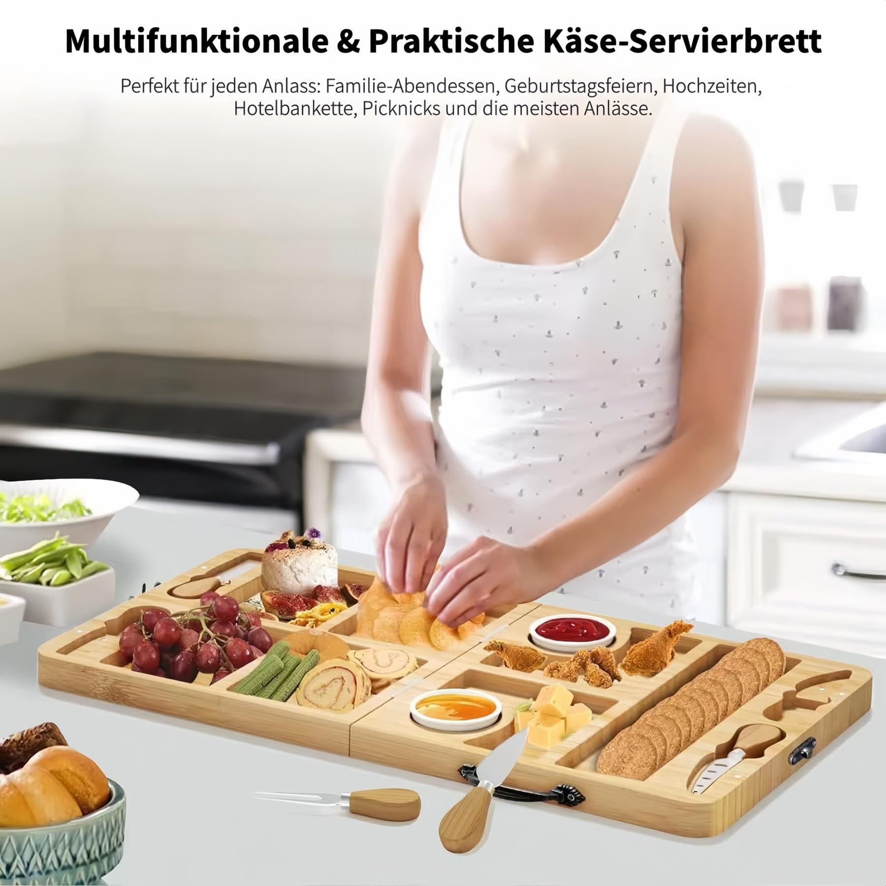 Käsebrett mit Käsemesser Set Tragbare Servierbrett mit Handgriff aus 100% Bambus, 2 in 1 klappbare Käseplatte & Schneidbrett, Charcuterie Snacktablett ideal für Hauswärme Geschenke - 29 x 29cm