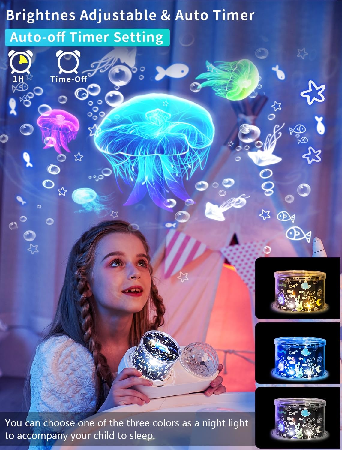 Projektor fal oceanicznych lampka nocna do sypialni dziecięcej – 10 kolorów fal oceanu + 6 filmów, timer obrotu 360 stopni dla dzieci, dziewczynek, na urodziny, Boże Narodzenie, prezenty, sufit