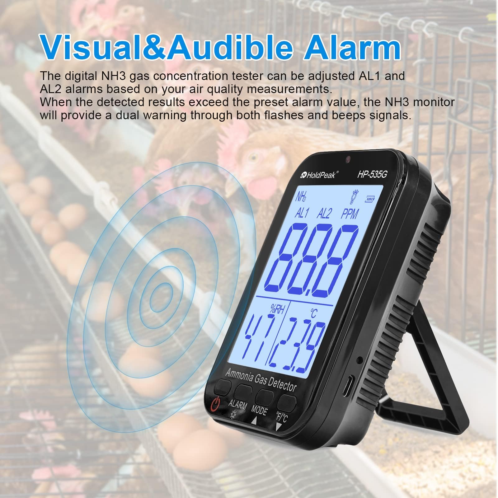 Détecteur de gaz Ammoniac NH3 0~100 PPM, Résolution 0.1 PPM Rechargeable Détecteur Qualité Air pour Température et Humidité, Double Alarme Acoustique et Optique, pour la Ferme/Produits Chimiques