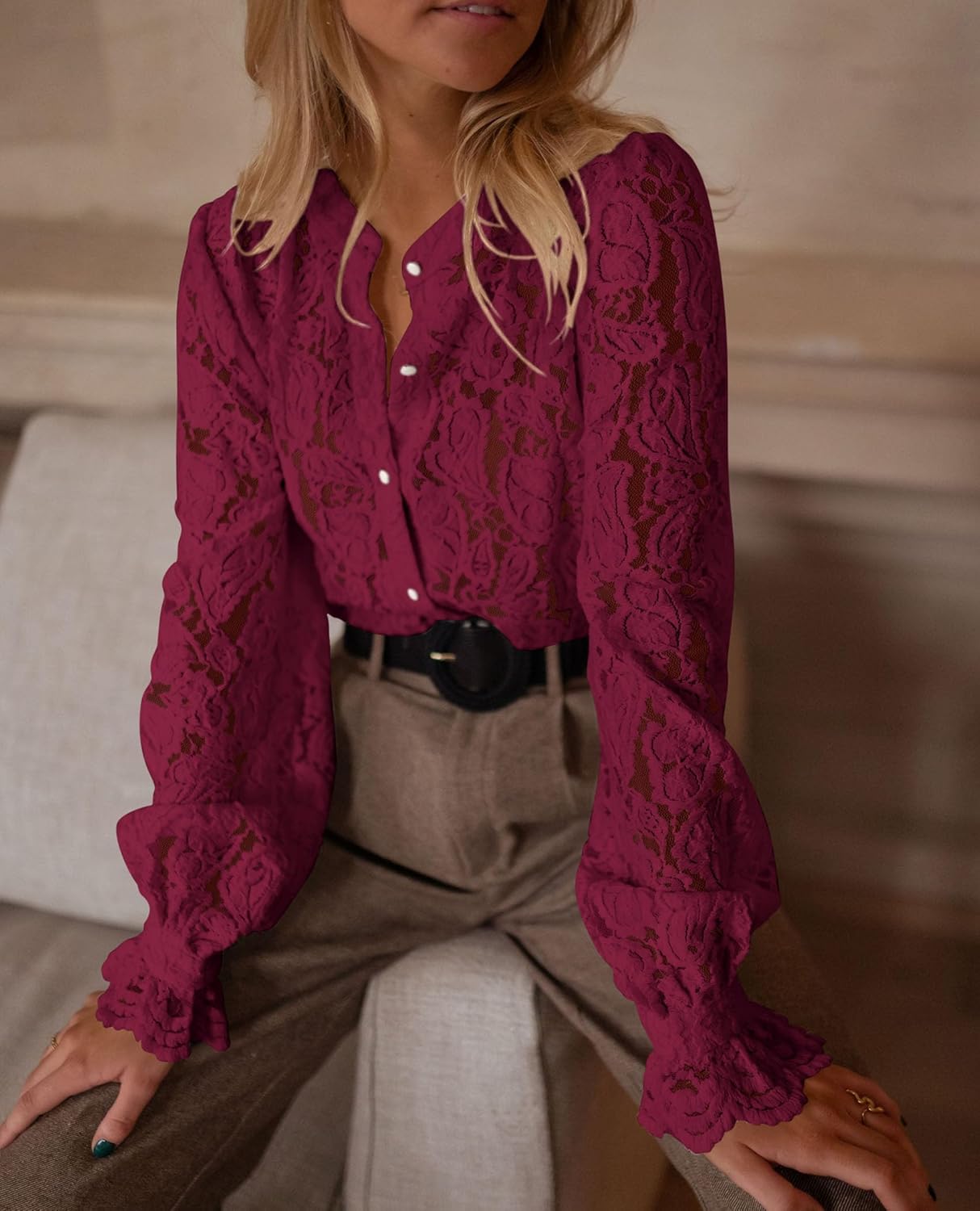 PRETTYGARDEN Women's Dressy Casual Lace Blouse Long Sleeve Button Up Shirts Tops Spring Fall Fashion Clothes - Image 6