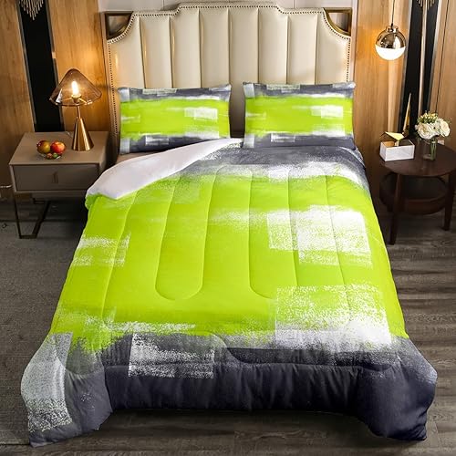 Miniatura 2 de Erosebridal Juego de edredón de color verde lima, tamaño King, acuarela degradada, negro y blanco, juego de edredón de teñido anudado abstracto