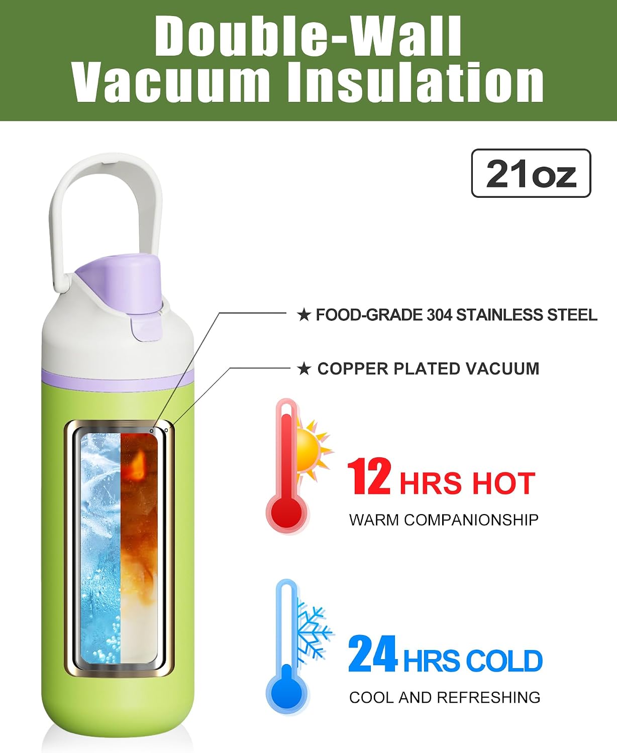 WATERSY Water Bottle,Leakproof Insulated Bottle,Keep Cold 24h,BPA-Free,21oz