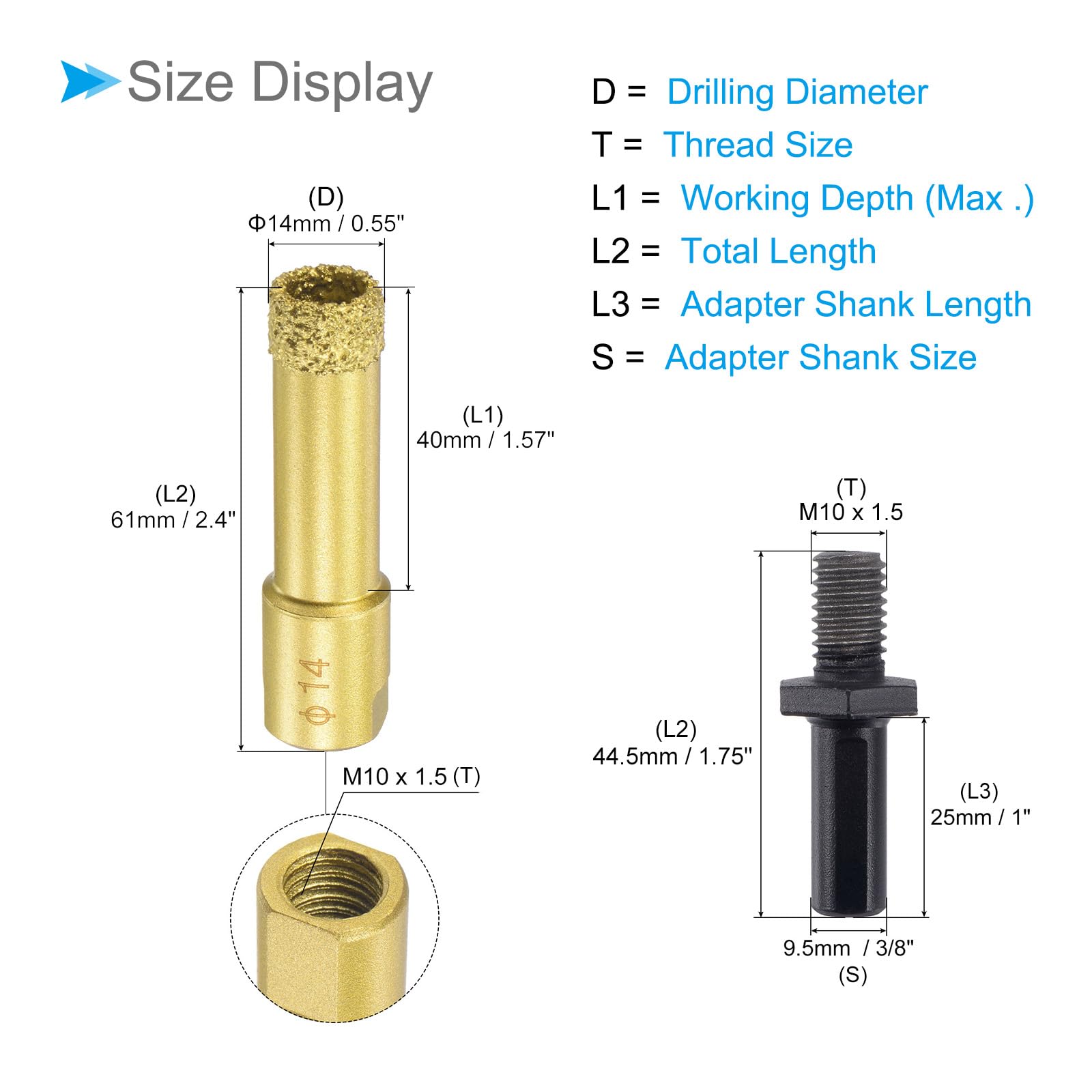 CoCud Diamond Drill Bits Set, 14mm Cutting Diameter, Brazed Diamond Core Drill Bits with M10 Arbor Adapter - Image 2