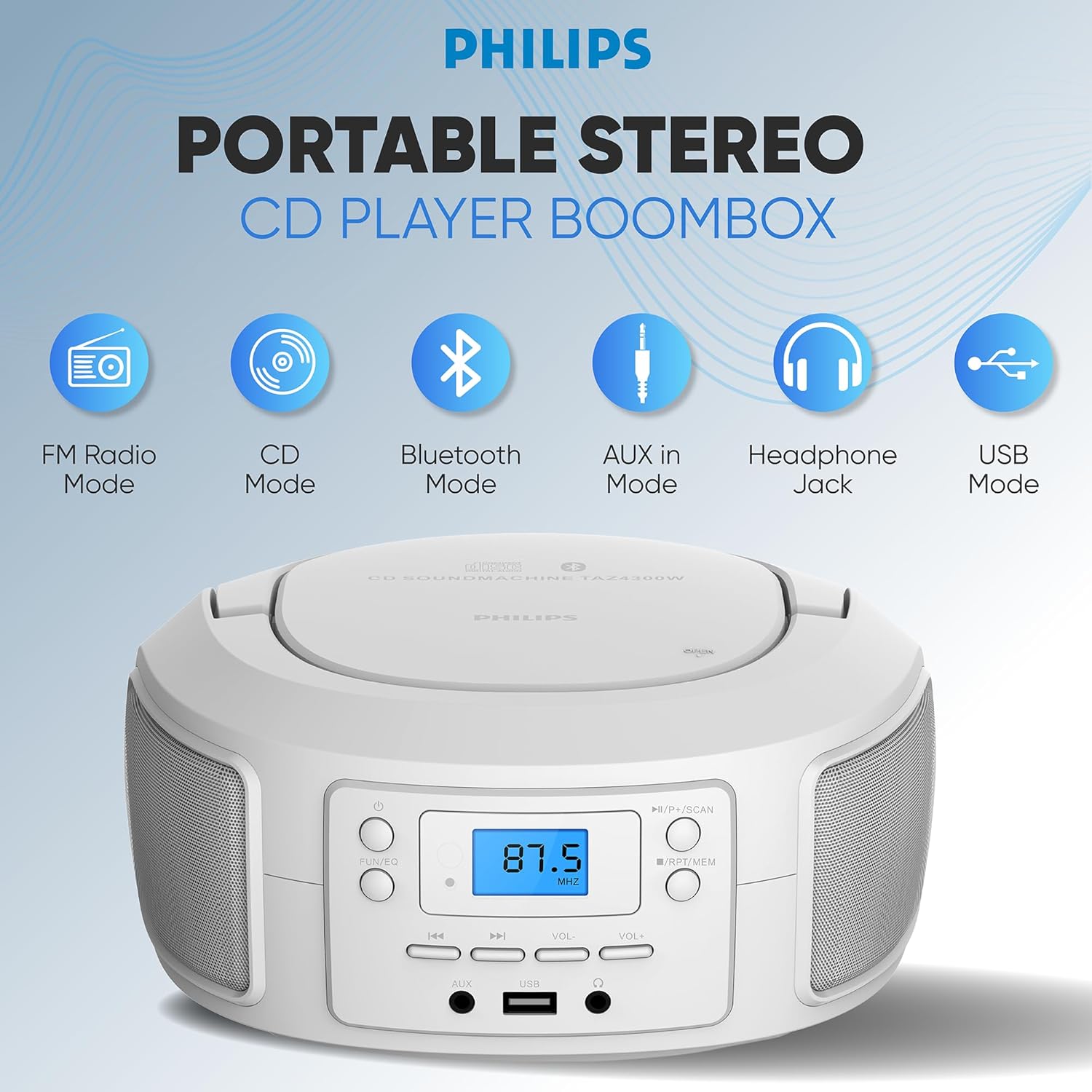 Philips CD Player Portable with Bluetooth, Crystal Clear Sound Top Loading CD Boombox with FM Radio, USB Port & Aux Input, Compact & Lightweight Design,R/CD-RW/MP3 Compatible (White) (White) - Image 2