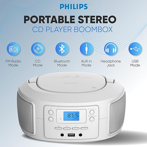 Miniatura 2 de Philips Reproductor de CD portátil con Bluetooth, caja de CD de carga superior con radio FM, puerto USB y entrada auxiliar, diseño compacto y